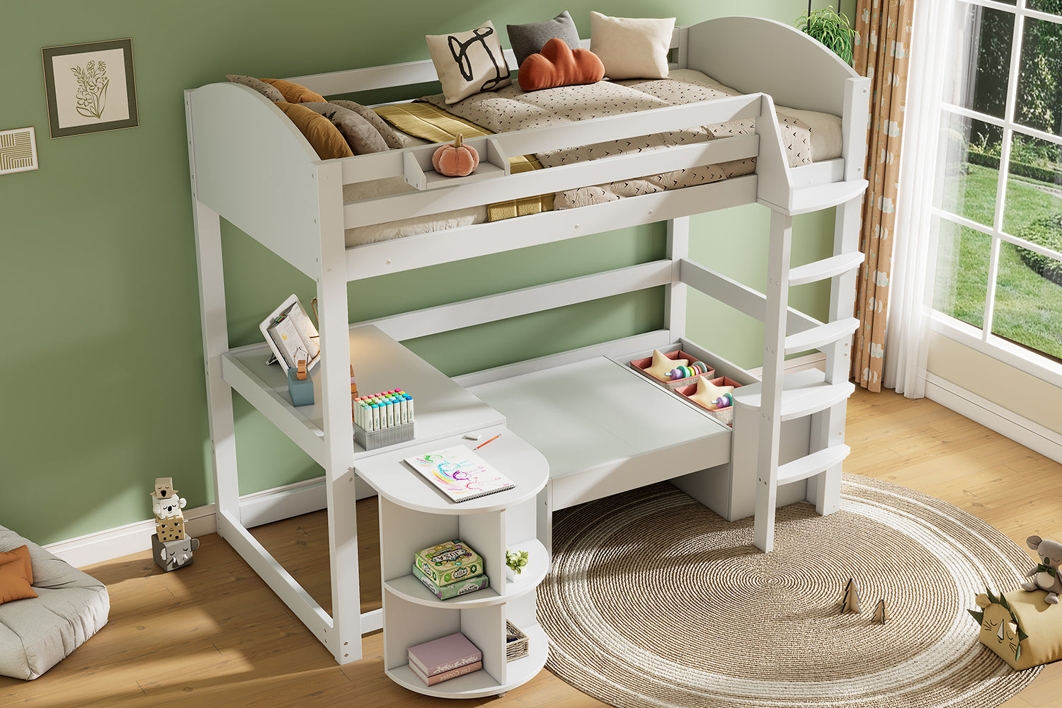 Multifunctional Children's Bunk Bed with Pull-out Table, Sofa with Storage and Three Cushions, 90x200cm, White Solid Wood