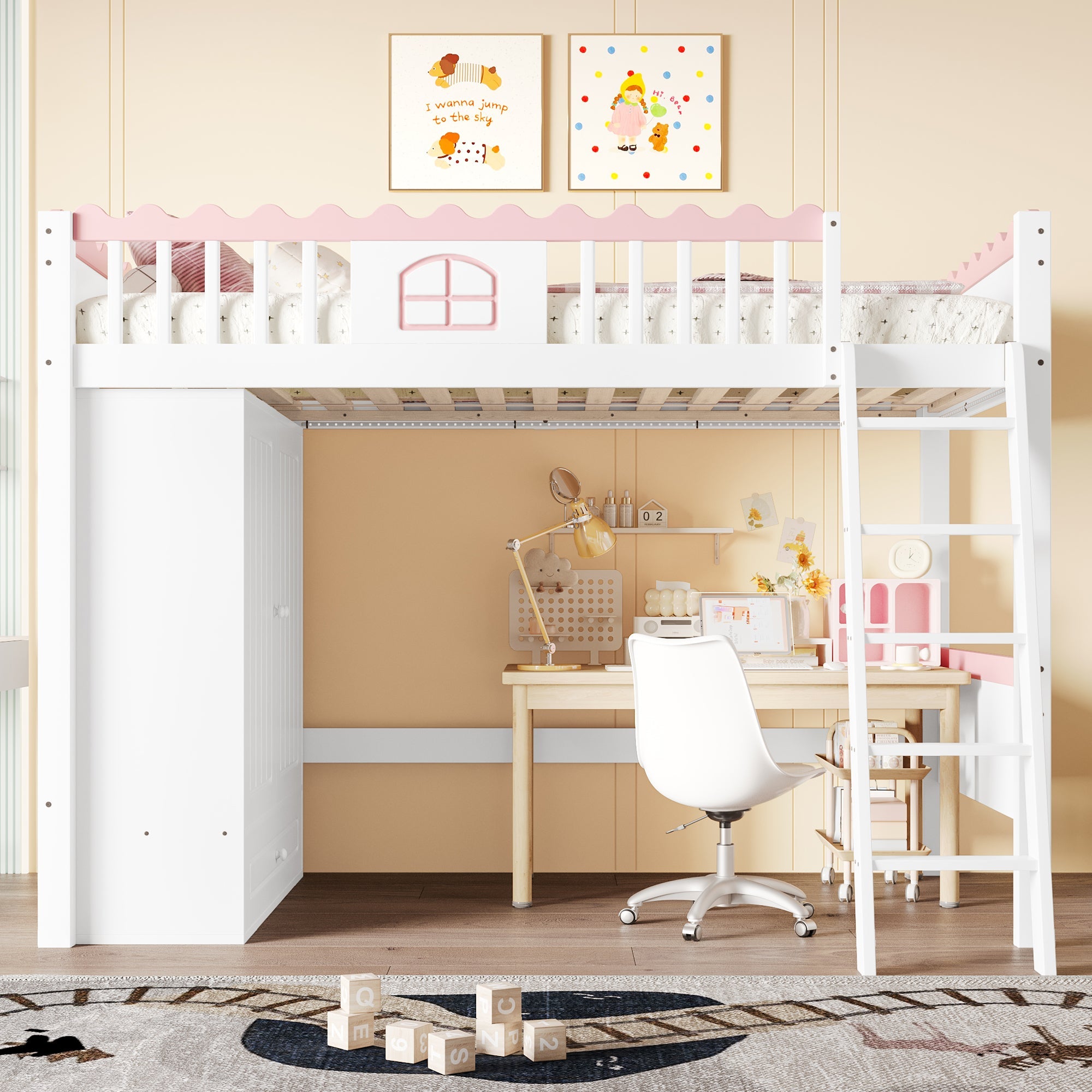 Loft Bed 90x200cm Single Storage Wardrobe LED - White Pine Wood
