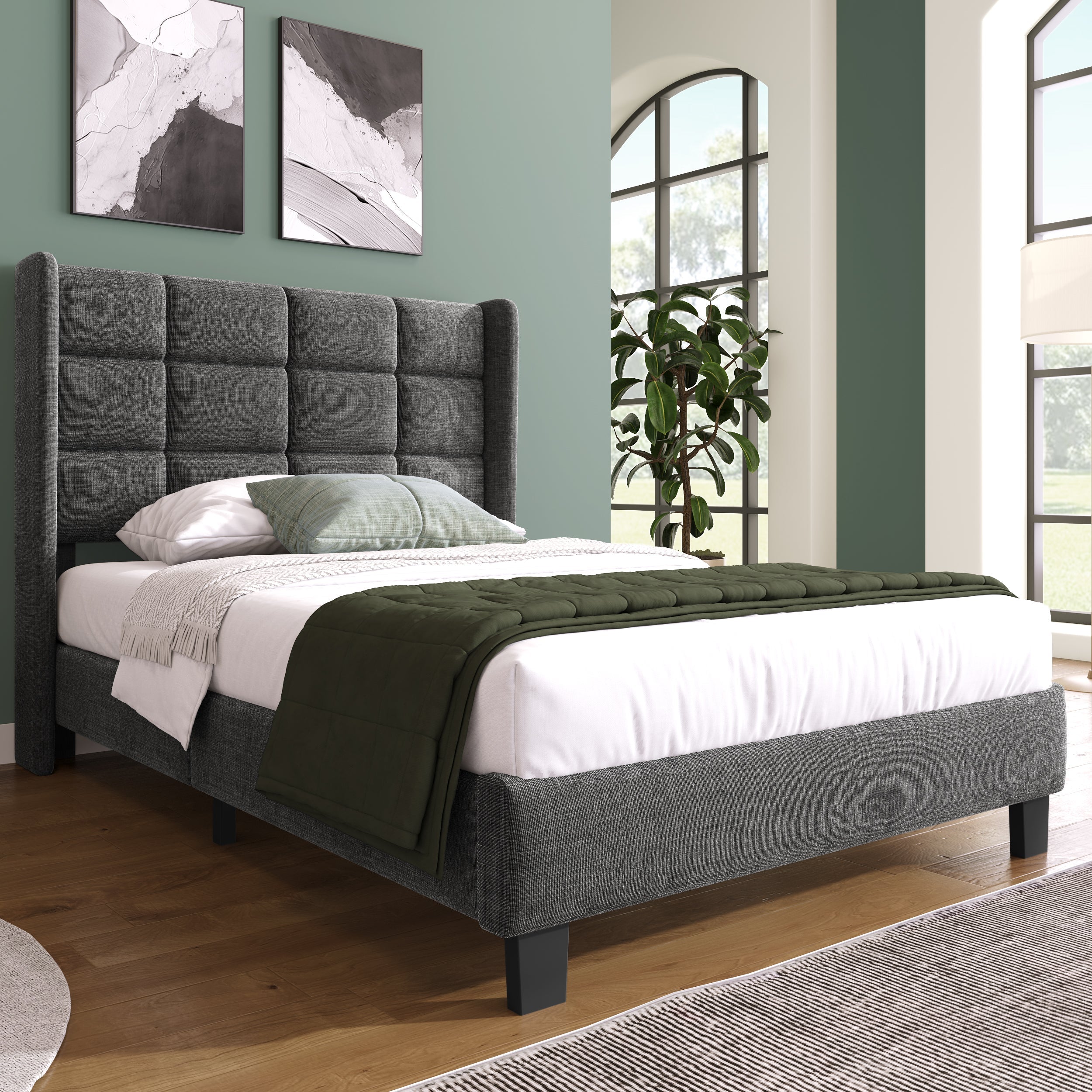 Upholstered Bed, Single with Headboard & Slatted Frame, Grey Linen