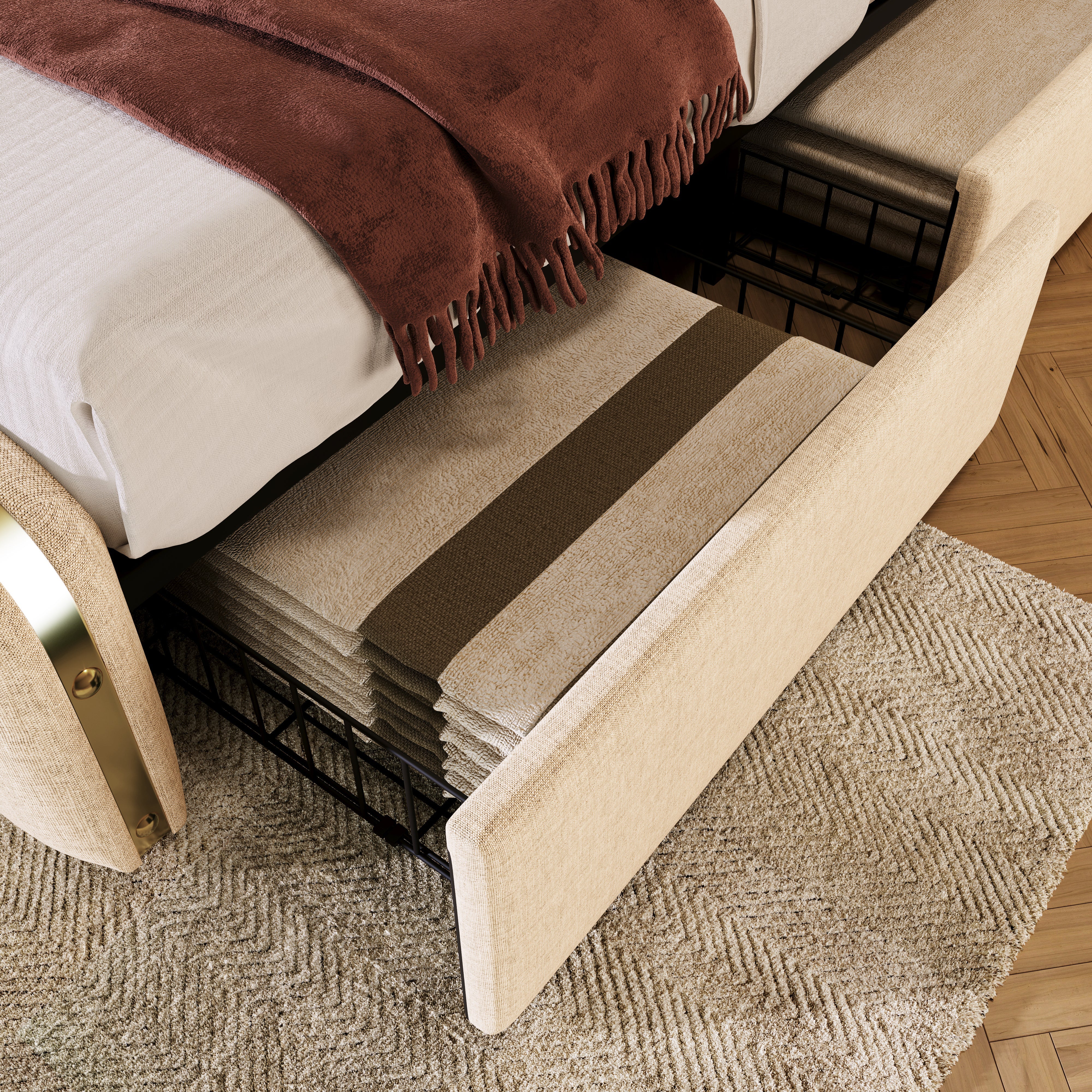 Upholstered Single Bed, USB Type-C Charging, 90x200cm, 4 Drawers, Beige Linen