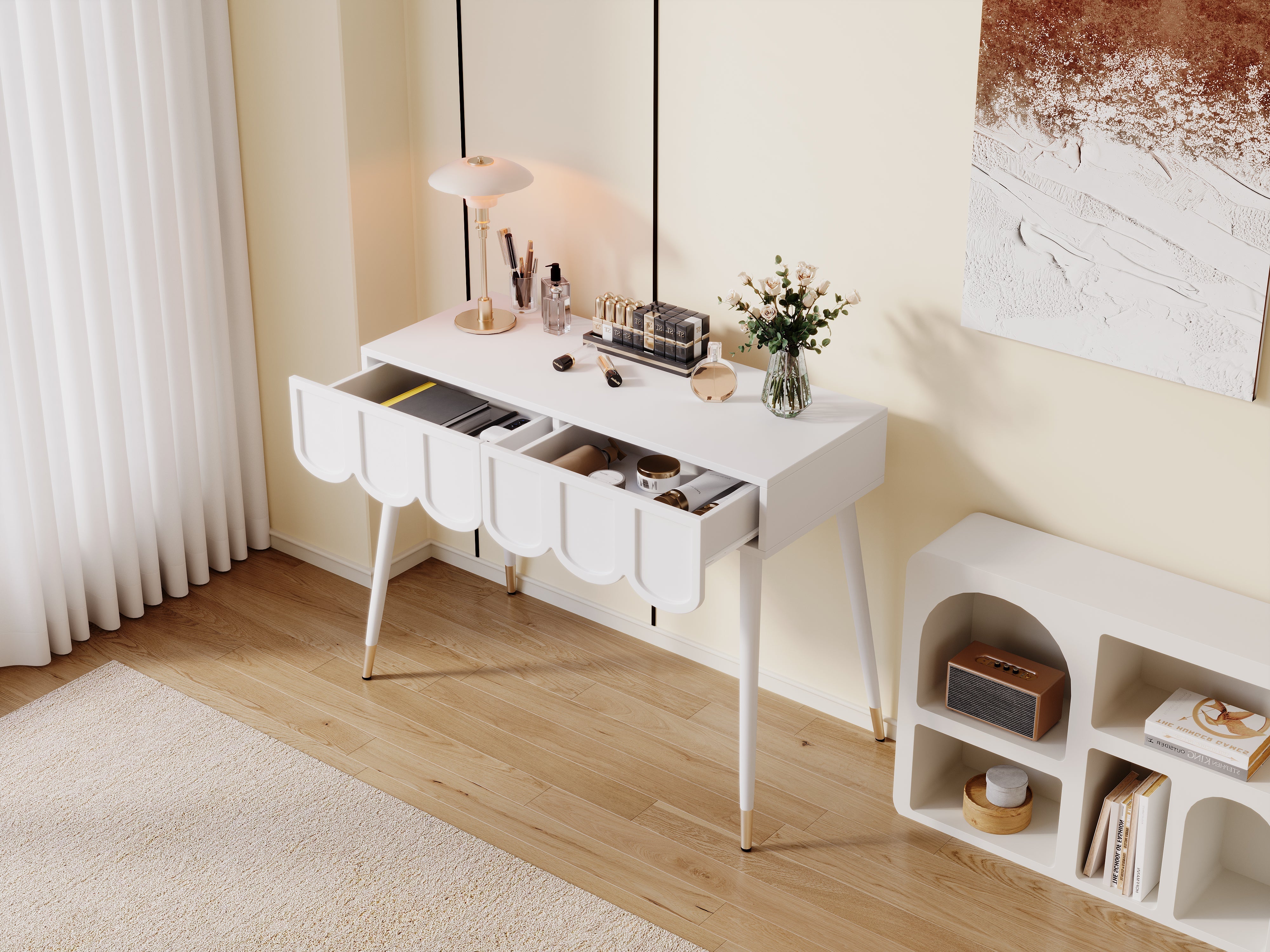 Dressing Table with 2 Drawers and Metal Legs, White