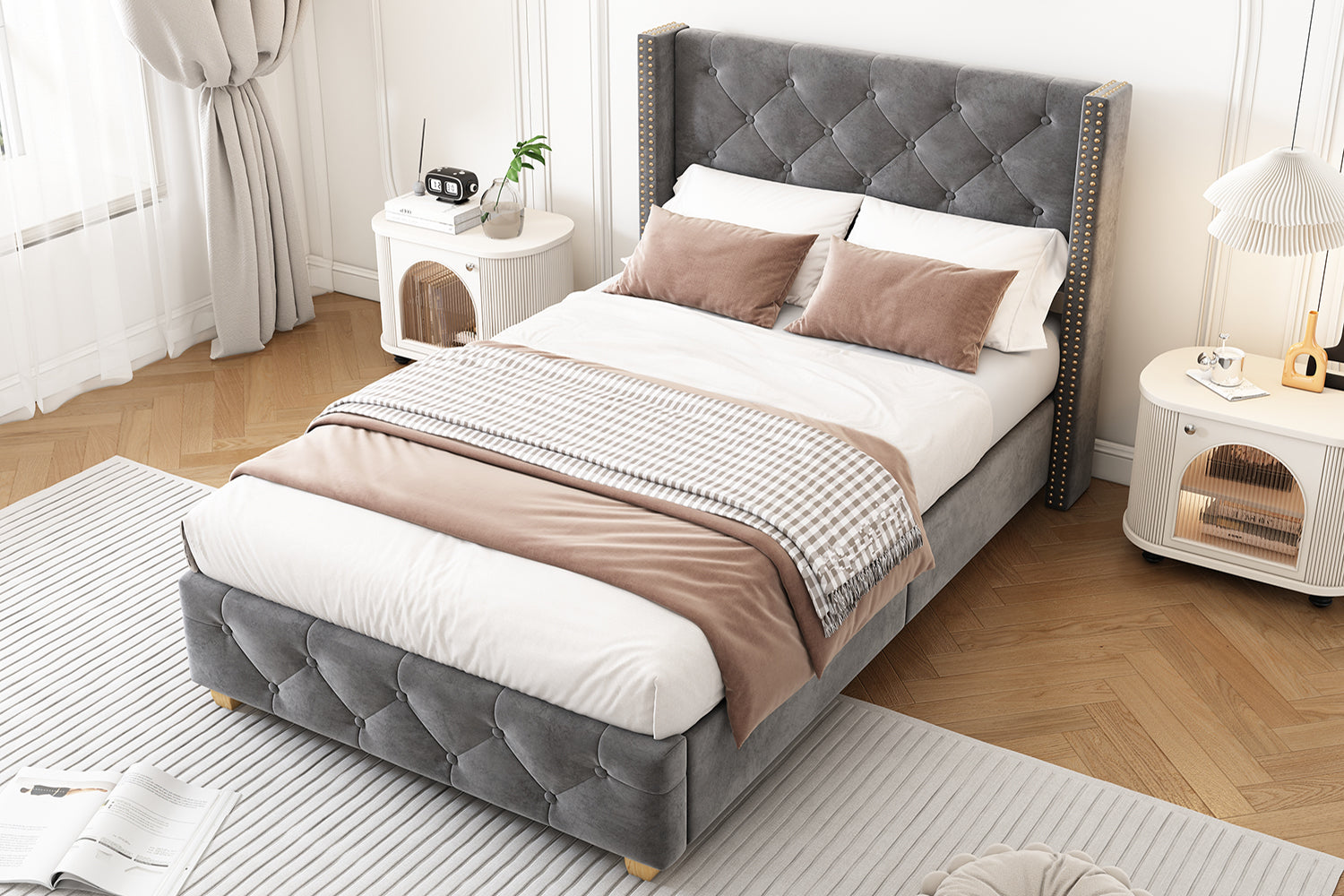 Upholstered Bed 90x200cm Headboard Button Studded Wooden Legs - Velvet Grey