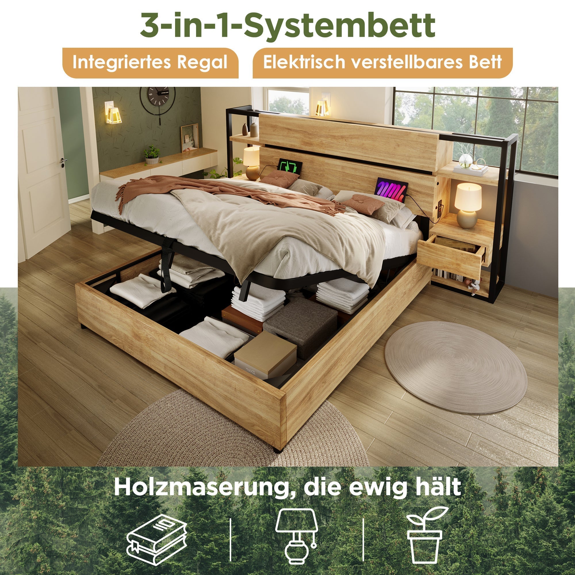 Wooden Double Bed 160×200cm Hydraulic Storage Headboard USB Charging Oak Color