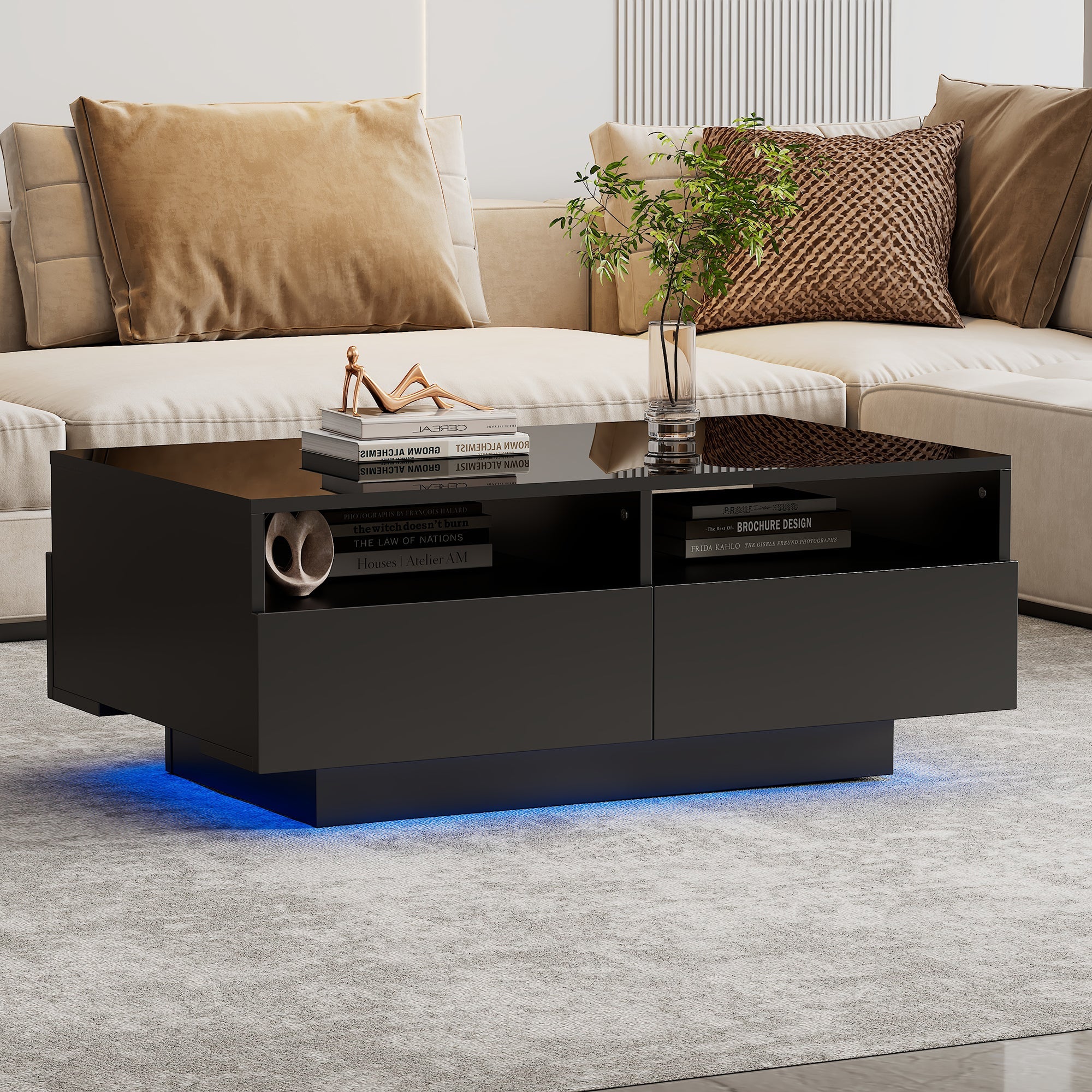 LED Coffee Table with 4 Drawers, Modern Center Table with 16 Colors LED Lights, High-Gloss