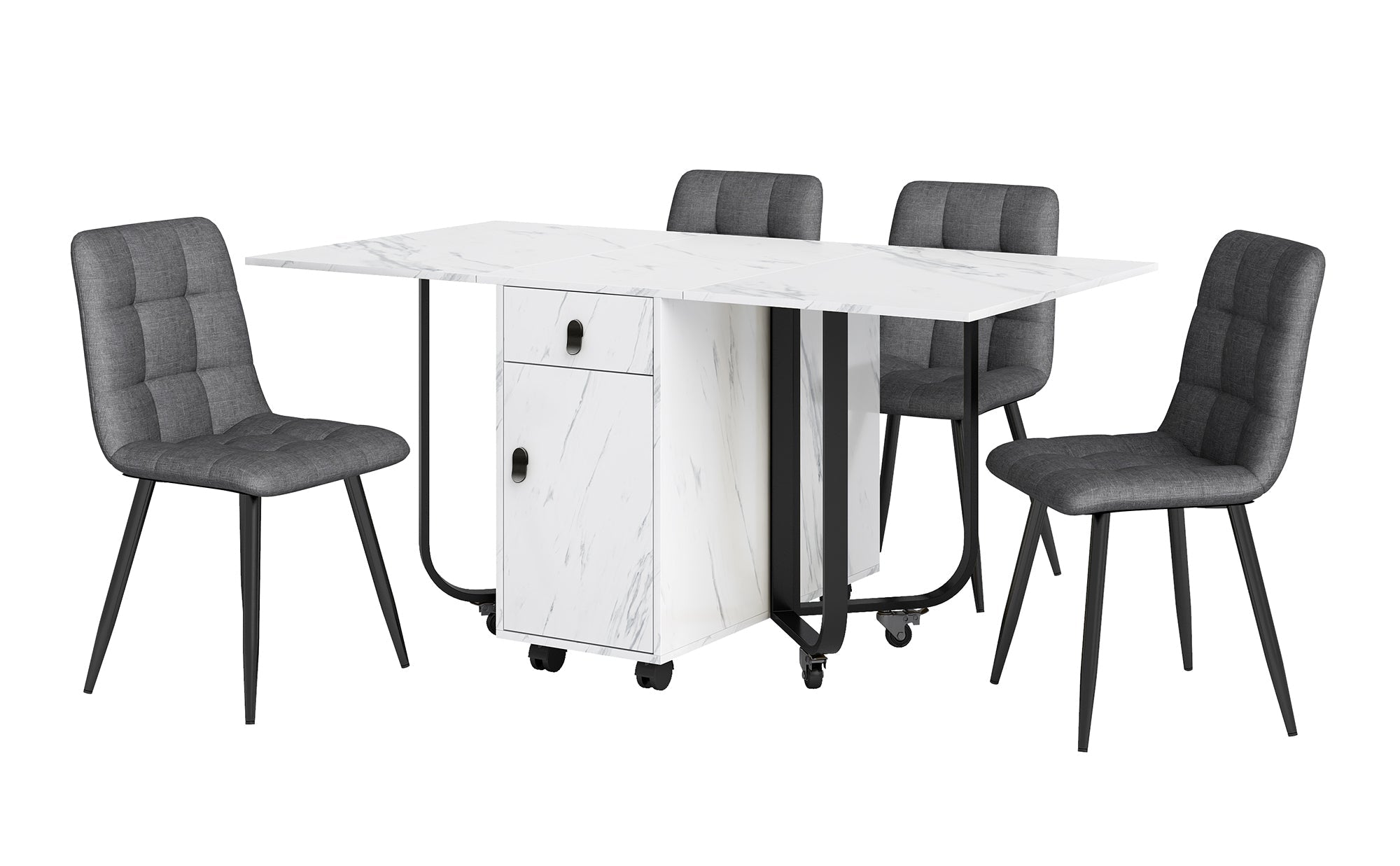 Dining Set 5-Piece Folding Kitchen Table Upholstered Linen Chair White MDF/Black Legs