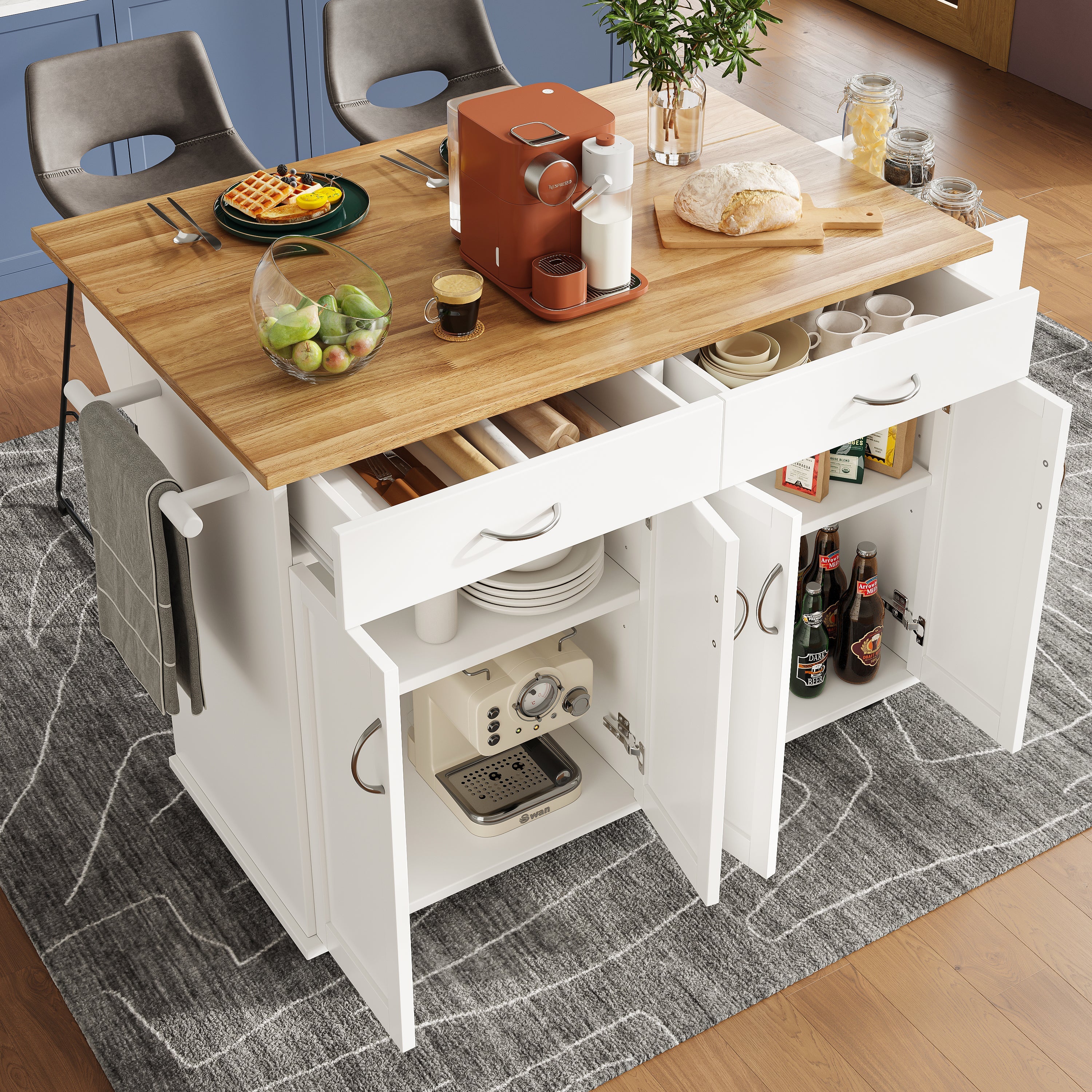 Kitchen Island, Multifunctional with Storage, Wood Grain White