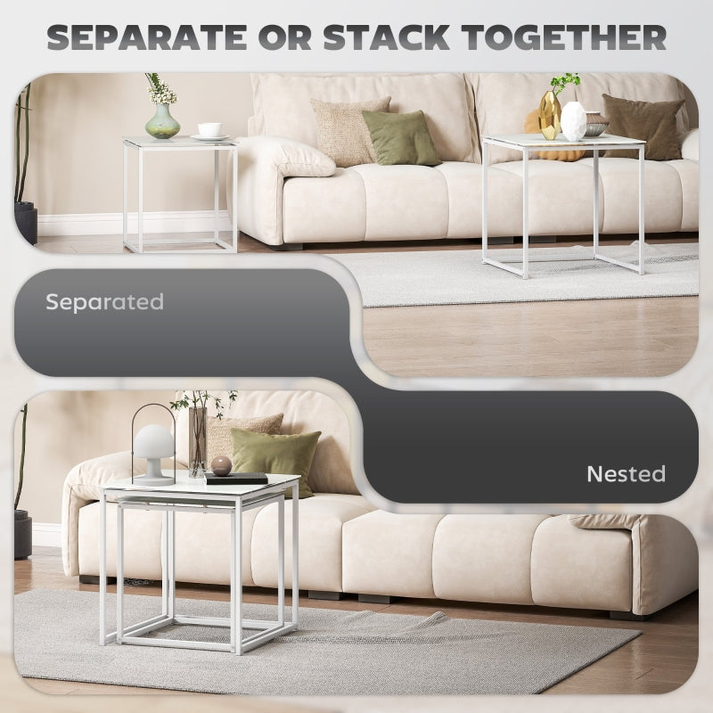Nest of Tables, Set of 2 Coffee/Side Tables with Tempered Glass Top, White