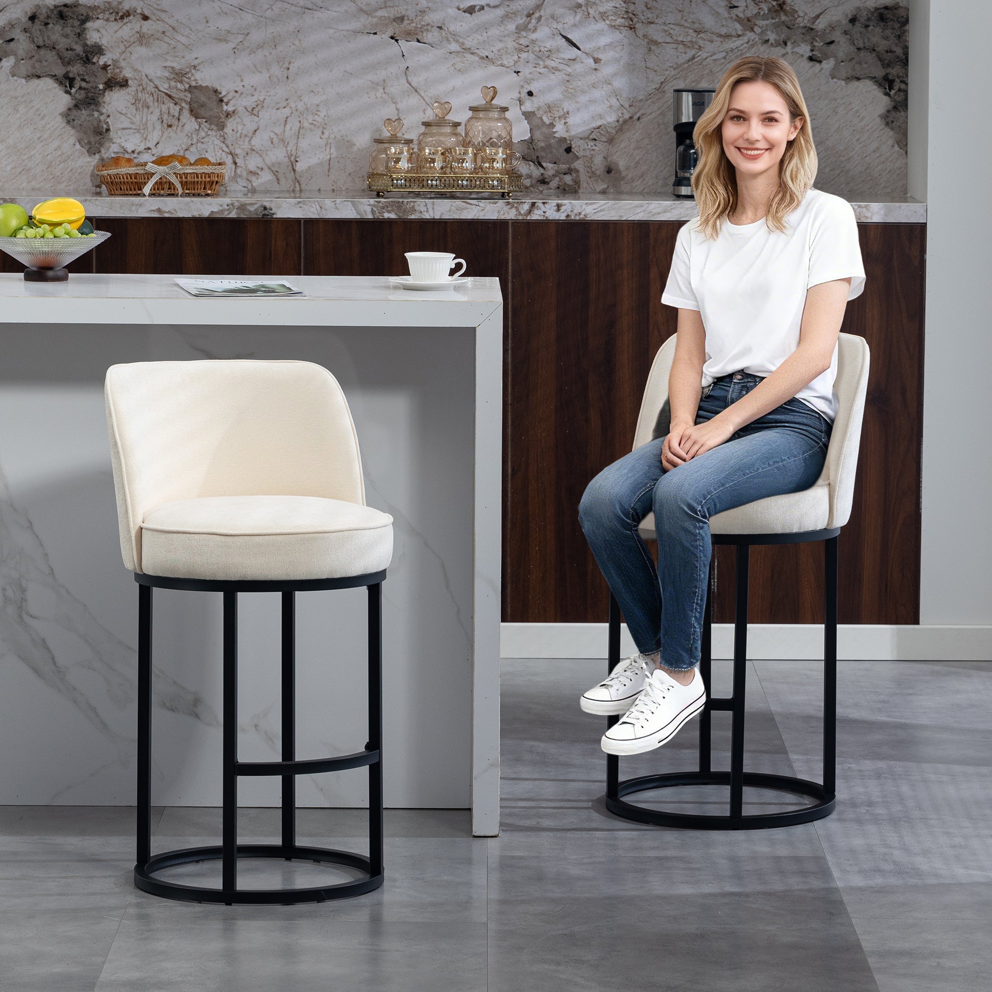 Modern Bar Stools with Ergonomic Backrest and Metal Legs, Set of 2, Linen
