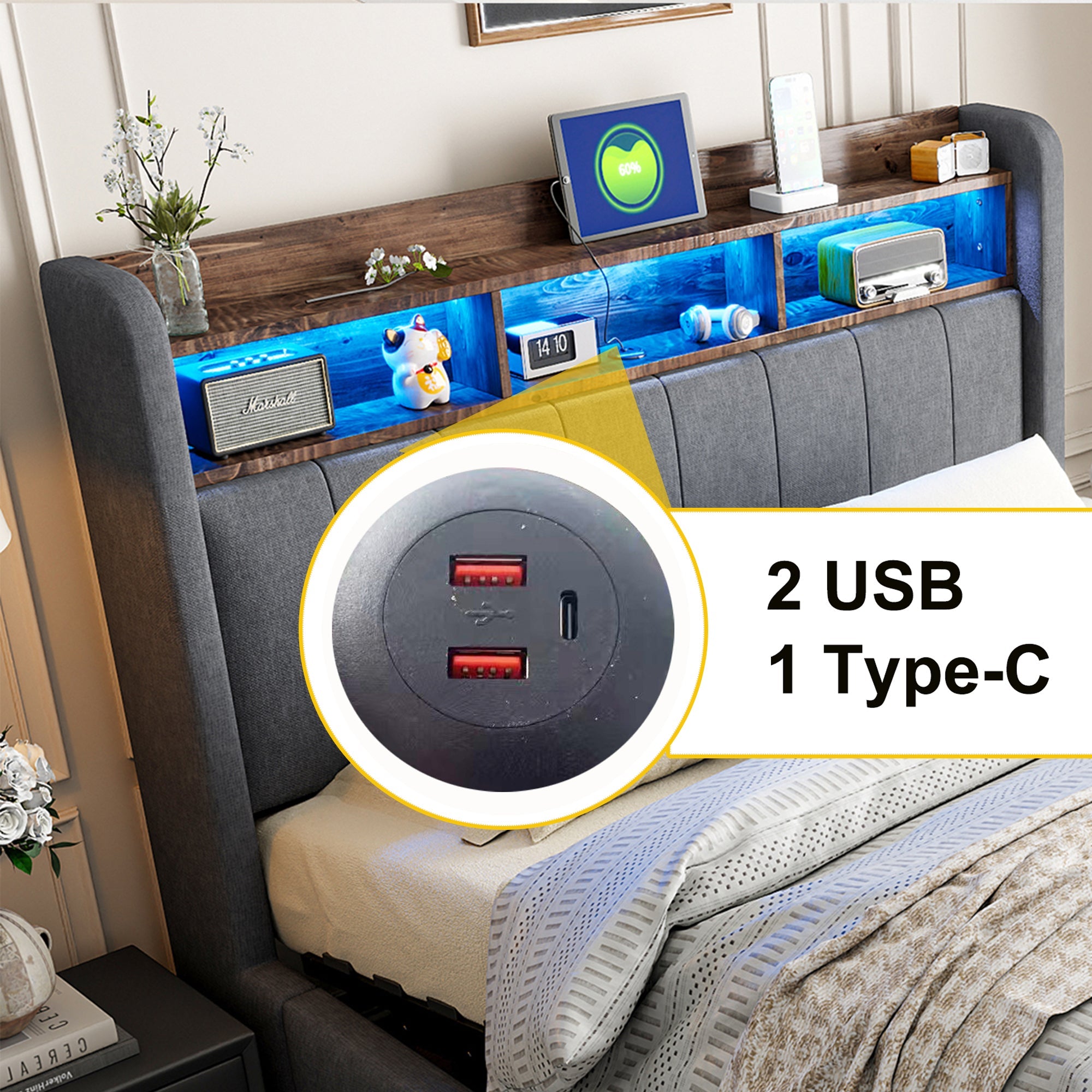 Upholstered Bed 160*200cm, LED Lighting, USB Socket, Hydraulic Storage, Linen Fabric Gray