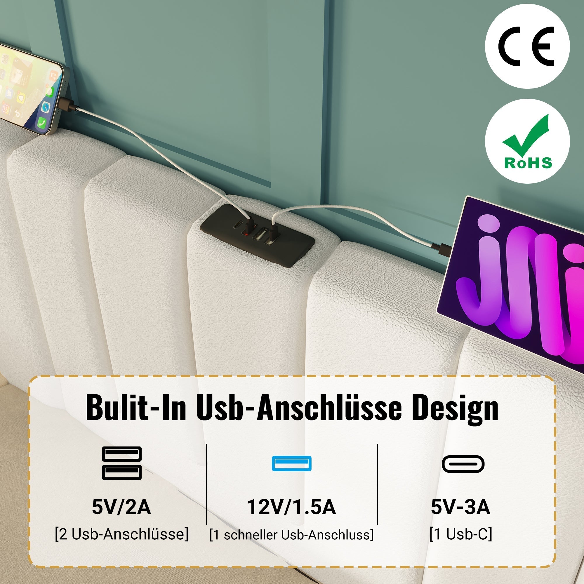 Upholstered Bed 180x200, Double Storage with App Control LED & USB-C, White PU