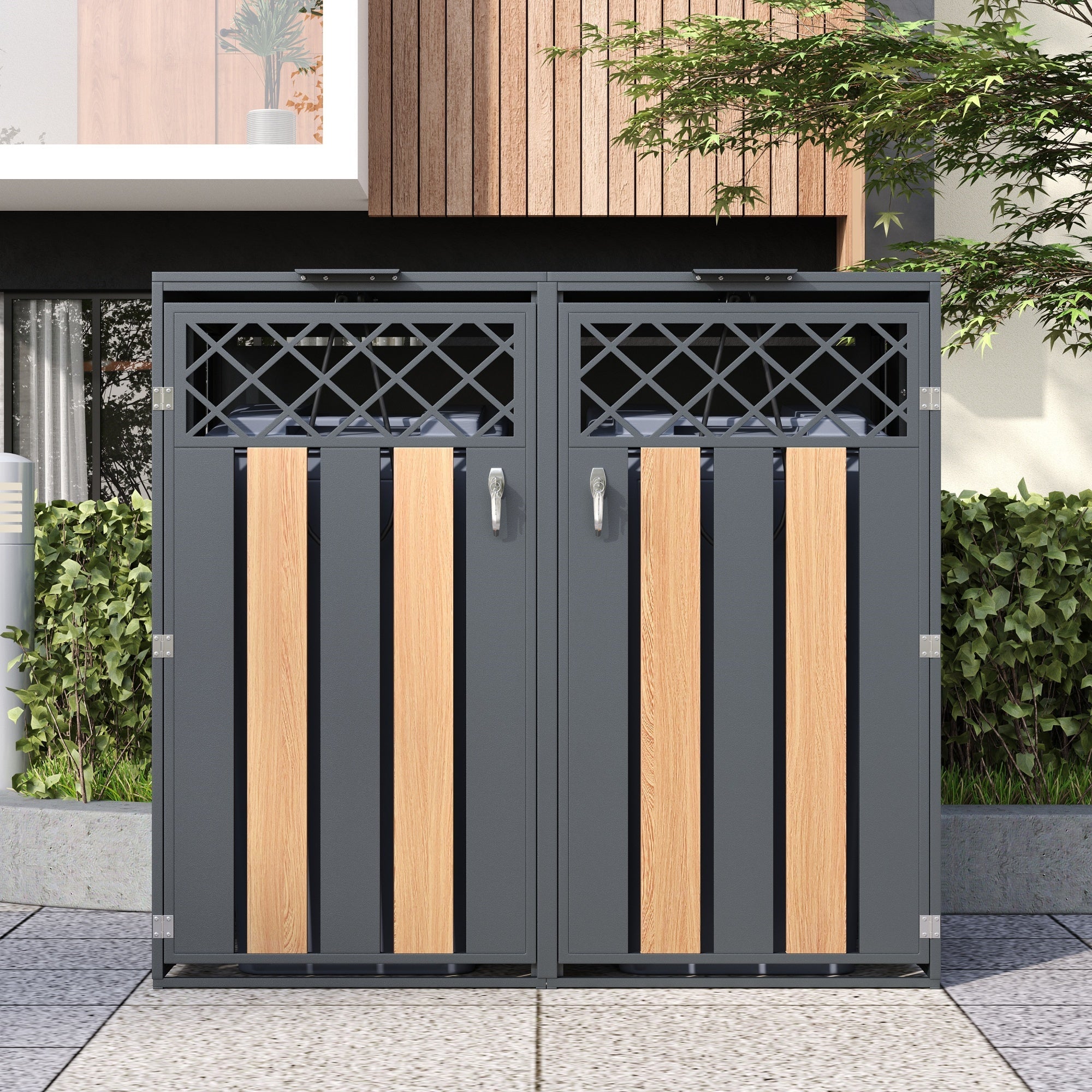 Garbage Can Storage Box with Hinged Lid and Lockable Double Doors, Diamond-Shaped Ventilation, Metal