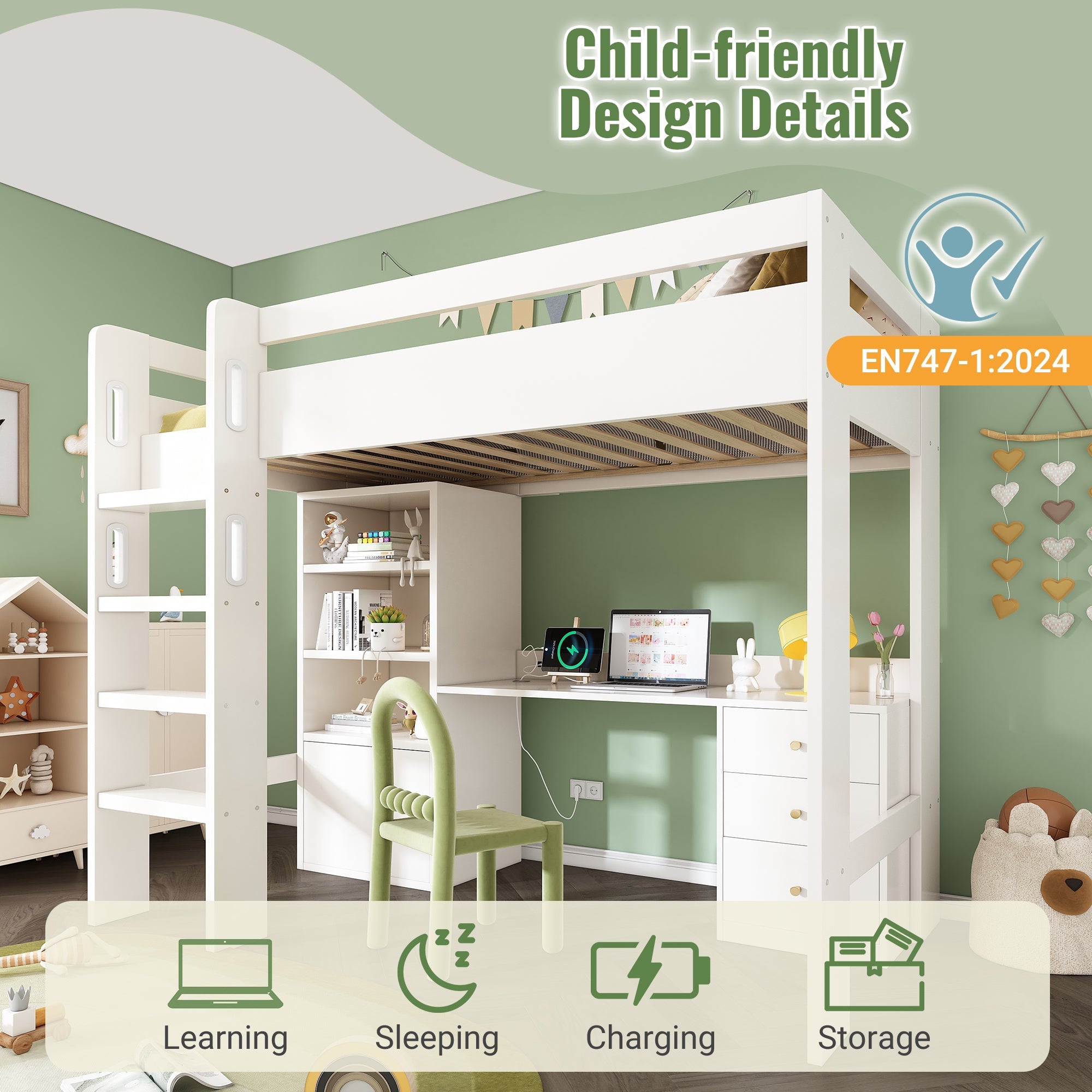 Kids' High Sleeper Bunk Bed with USB-C Desk, Bookshelf, Stairs, & Storage, White