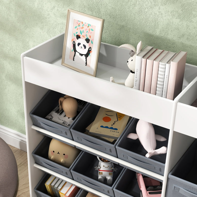 Children's Storage Shelf 11 Fabric Boxes Top Compartments - White
