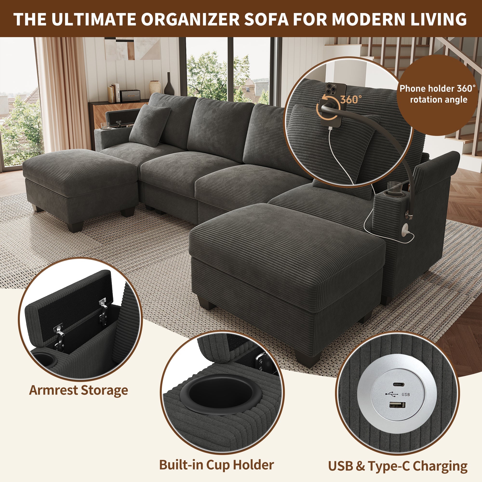 U-Shaped Modular Sofa with Sleeping Function, USB Port and Phone Holder, Gray Corduroy