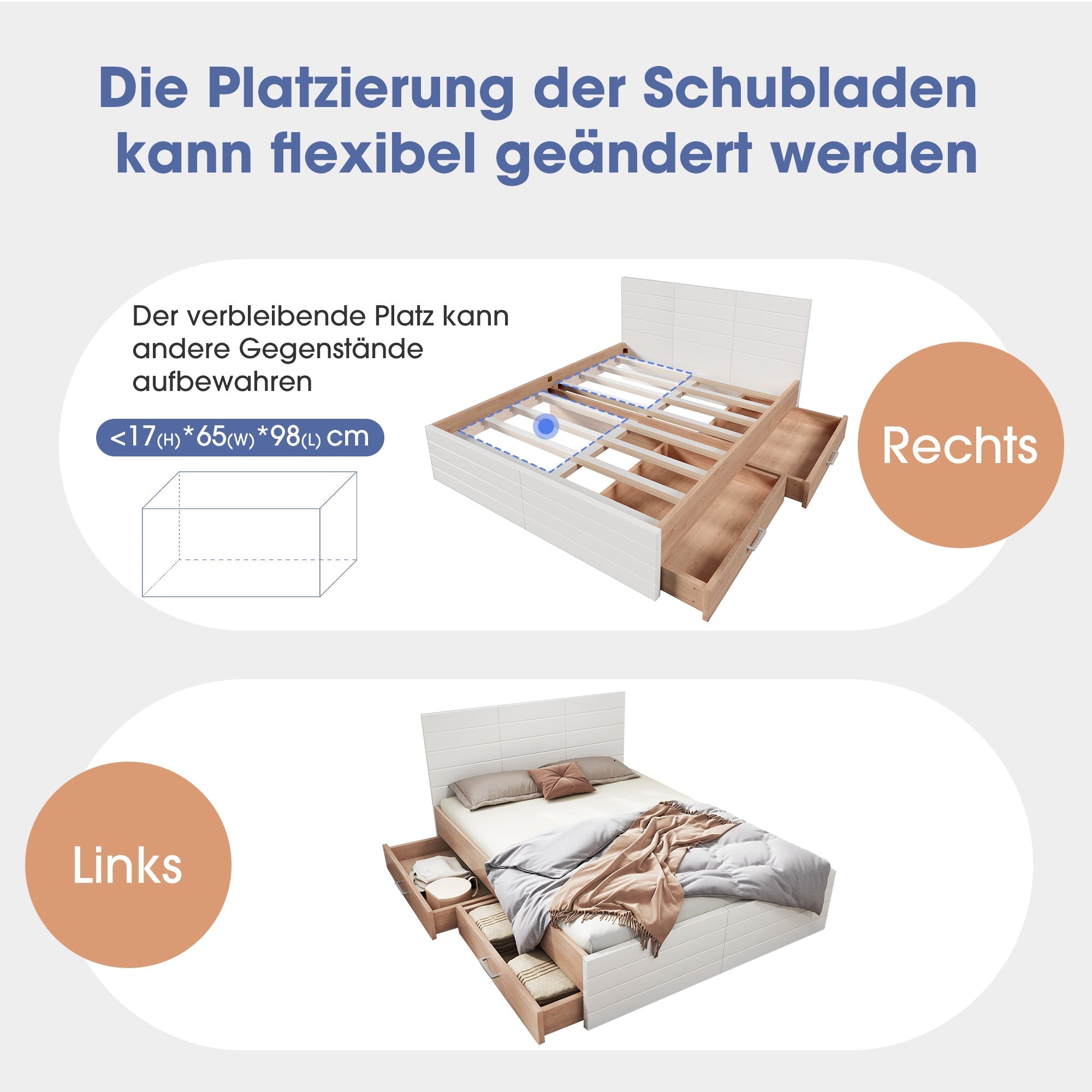 Double Wooden Bed, 160x200cm with 2 Drawers & Slatted Frame, Oak/White