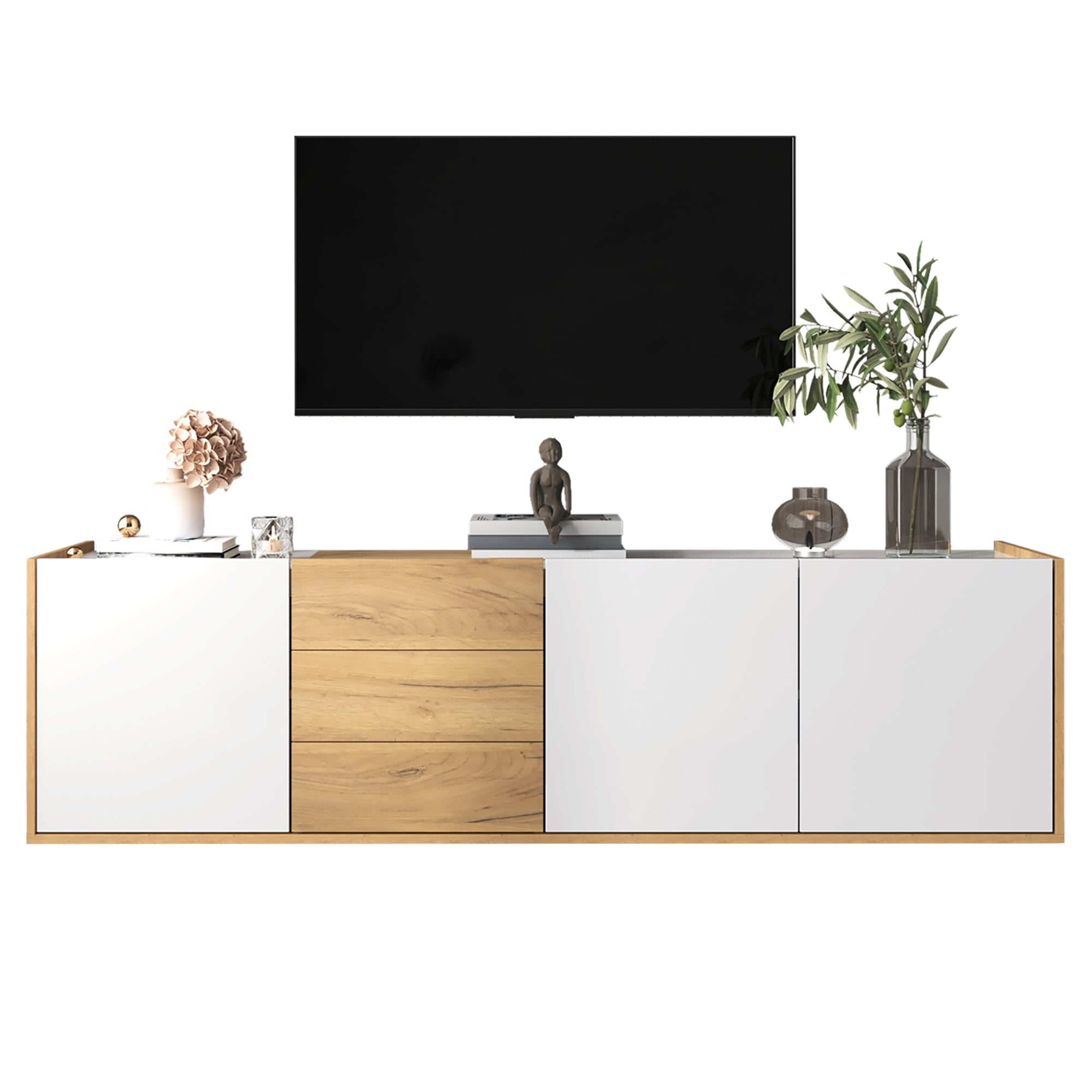 TV Cabinet, Low Panel Wall/Floor Mount, White and Wood