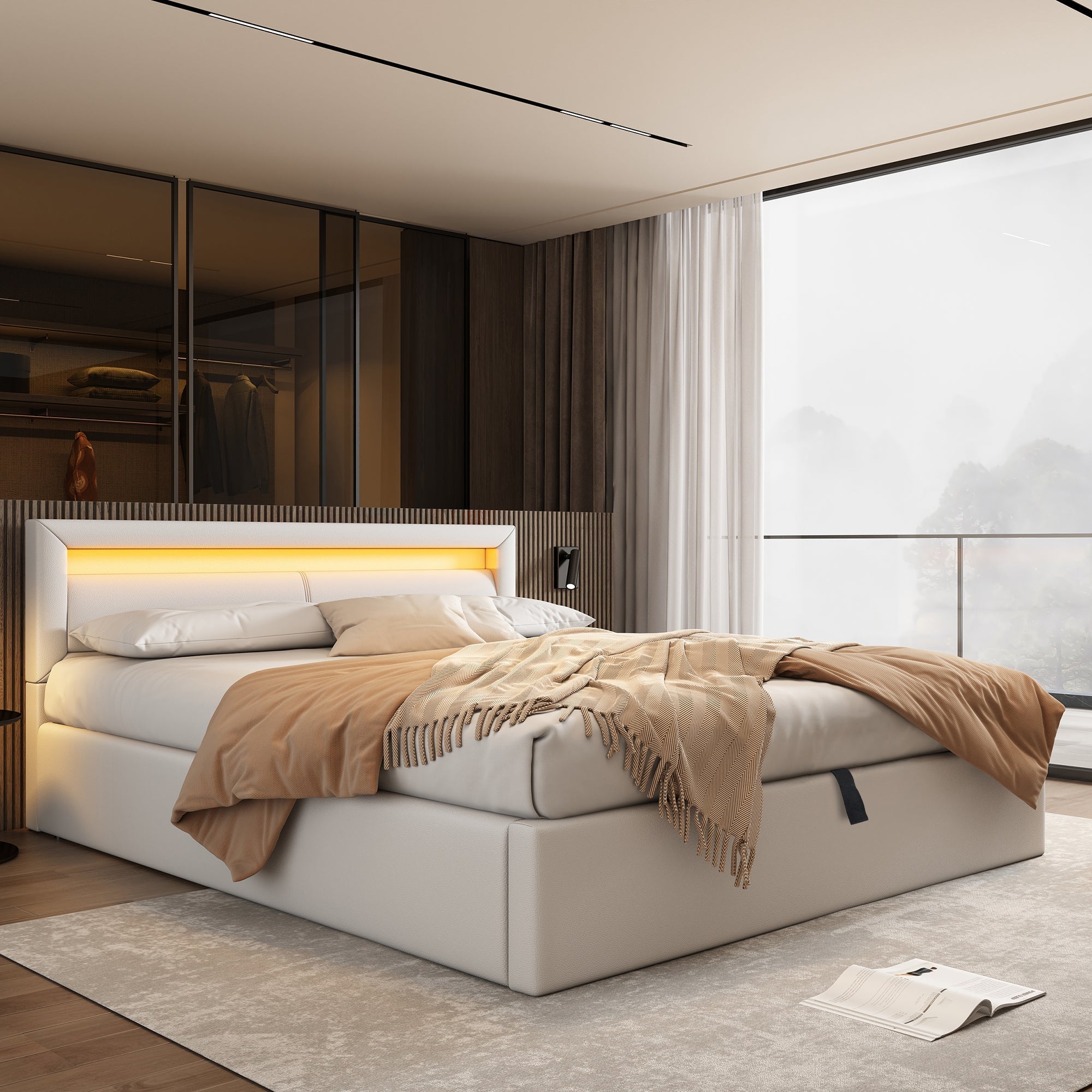 Upholstered LED Bed 140x190cm Storage & Illuminated Headboard Faux Leather White