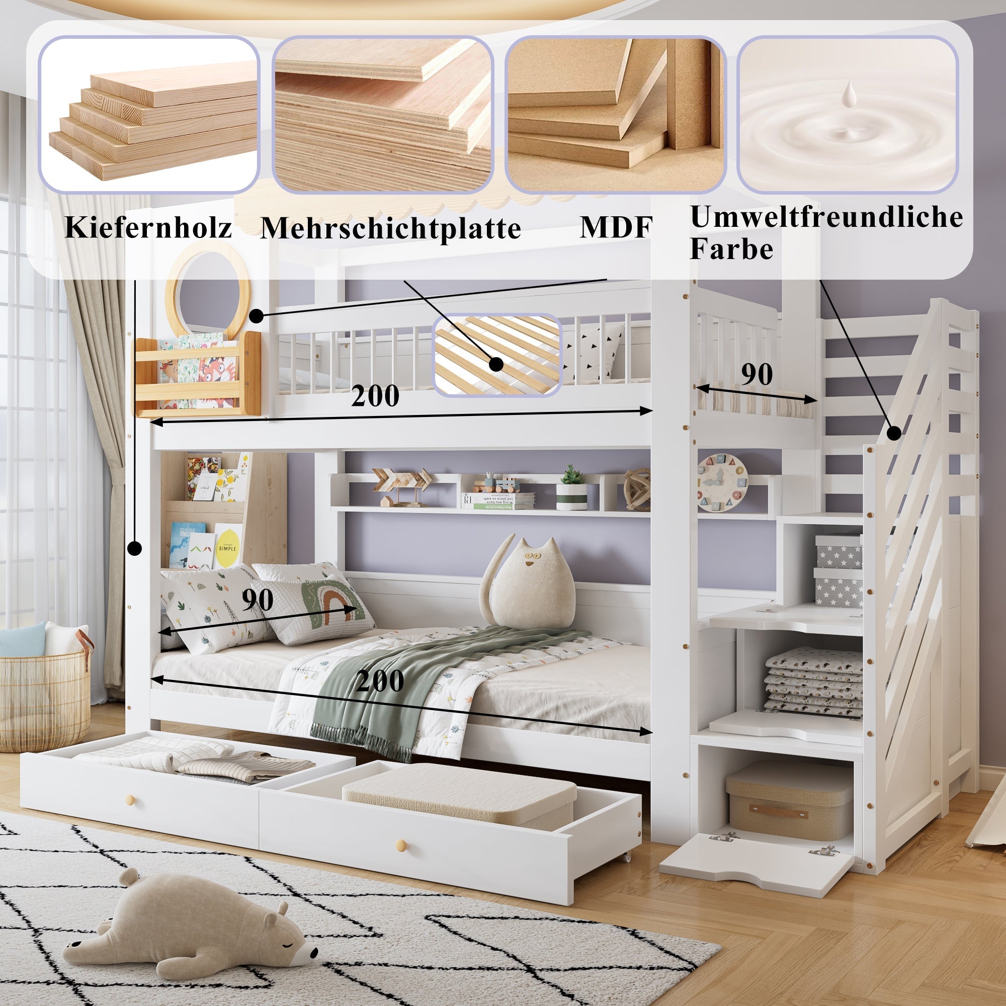 Bunk Bed with Storage Drawers, Staircase Wardrobe, 90x200cm, Pine + MDF White/Natural