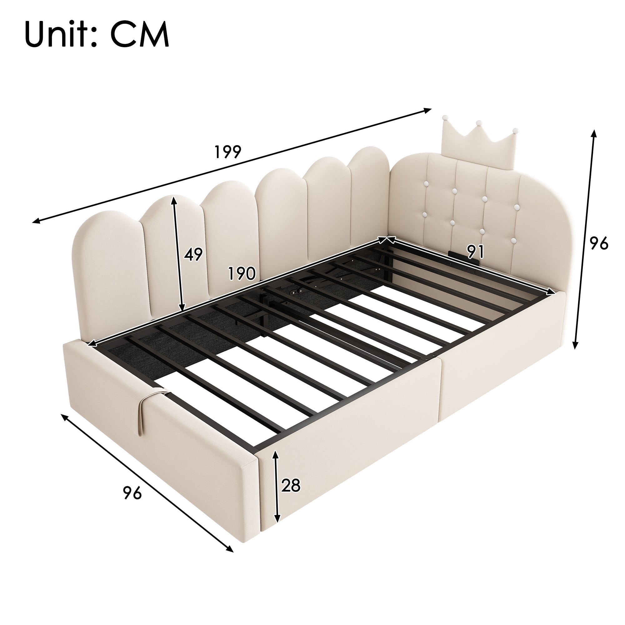 L-Shaped Upholstered Daybed with Hydraulic Storage and Crown-Lattice Design, 90x190cm, Beige Velvet