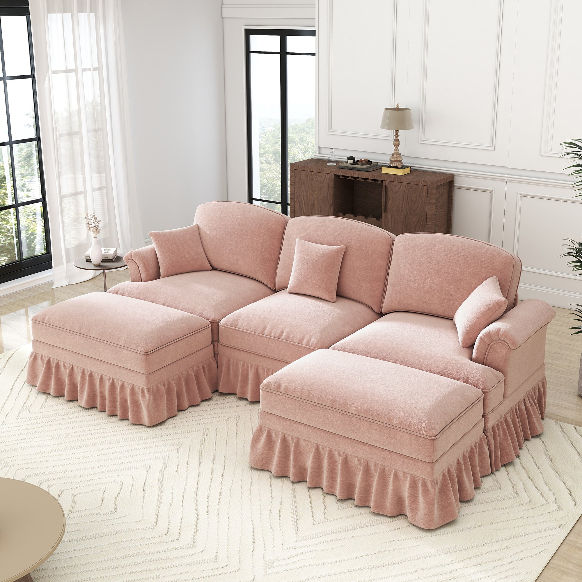Modular U-Shaped Chenille Sofa, Movable Ottoman, Ruffled Apron - Pink
