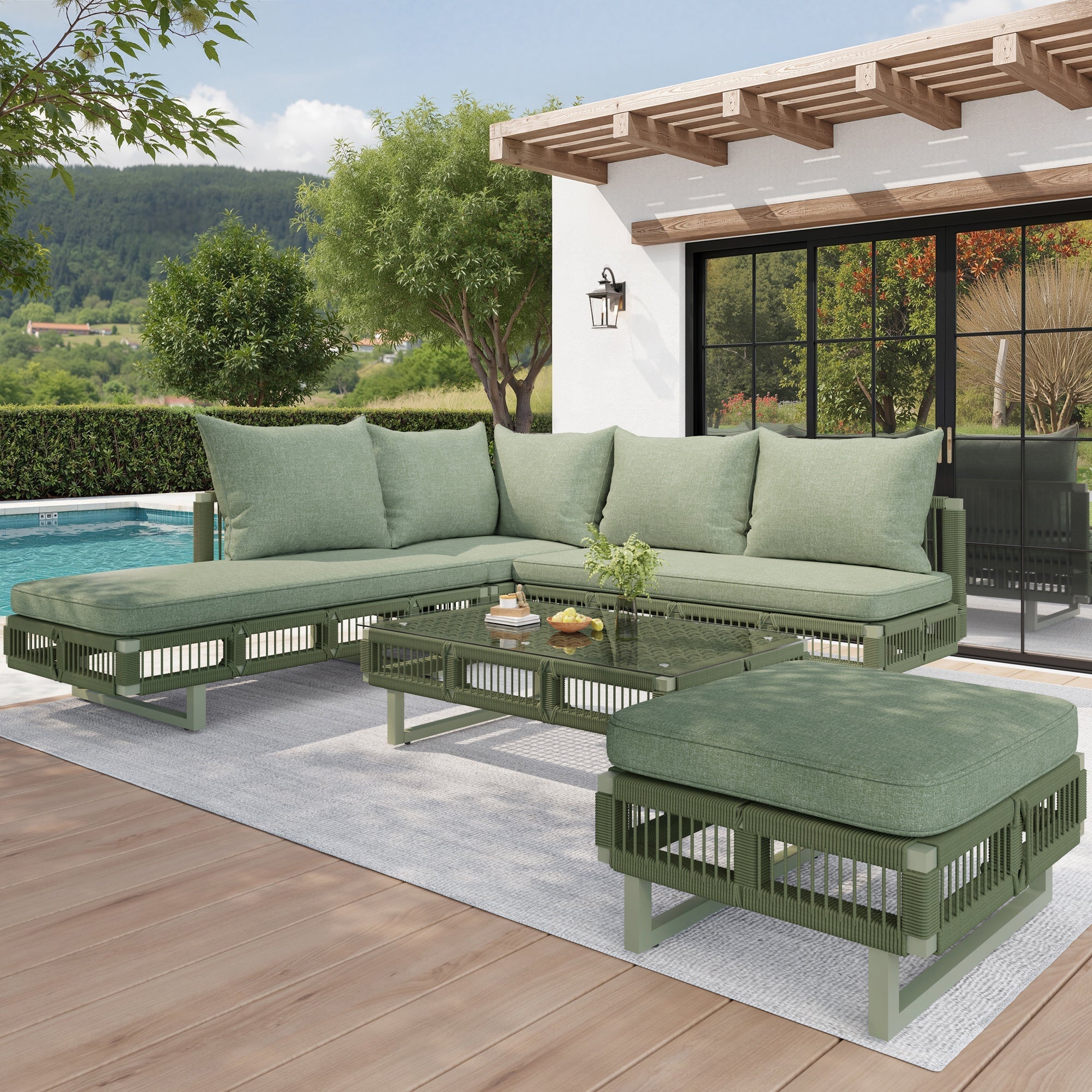 Outdoor Seating Group with Rope Weave, Adjustable Feet and Glass Coffee Table, Beige/Green