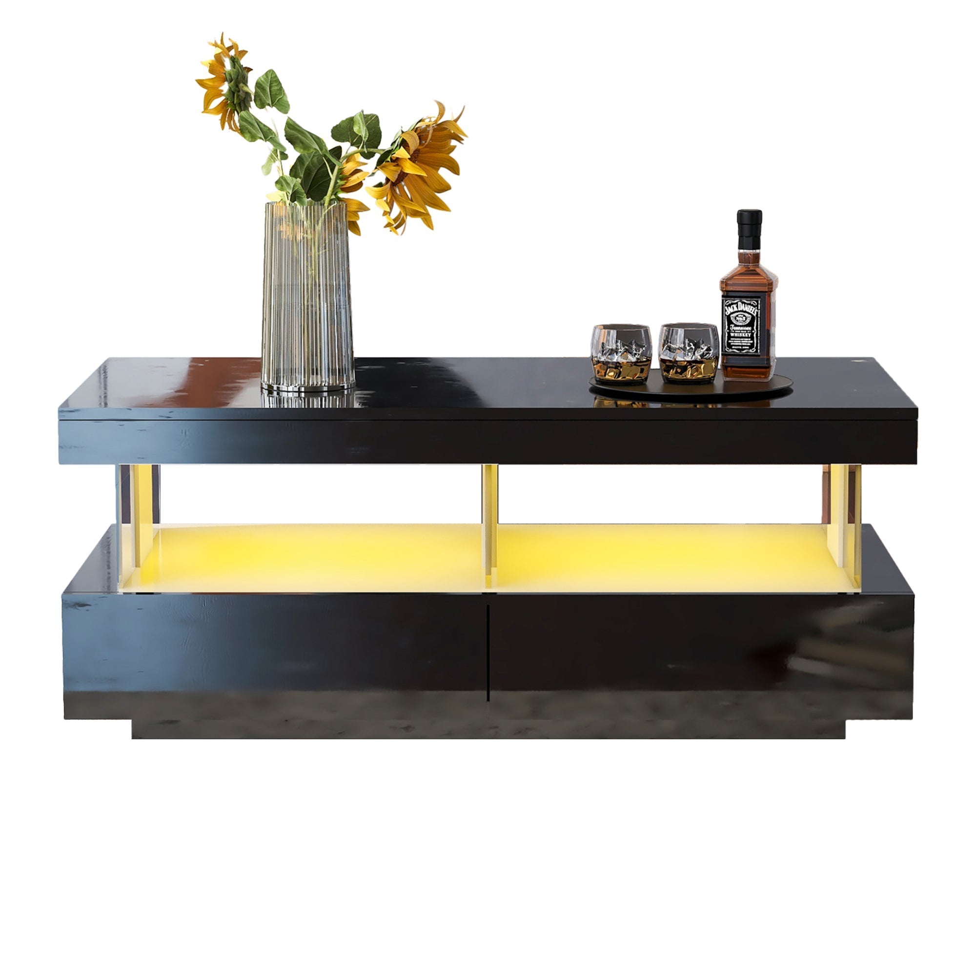Coffee Table High Gloss with 16-Color LED Lights, 2 Drawers, Open Storage, Black