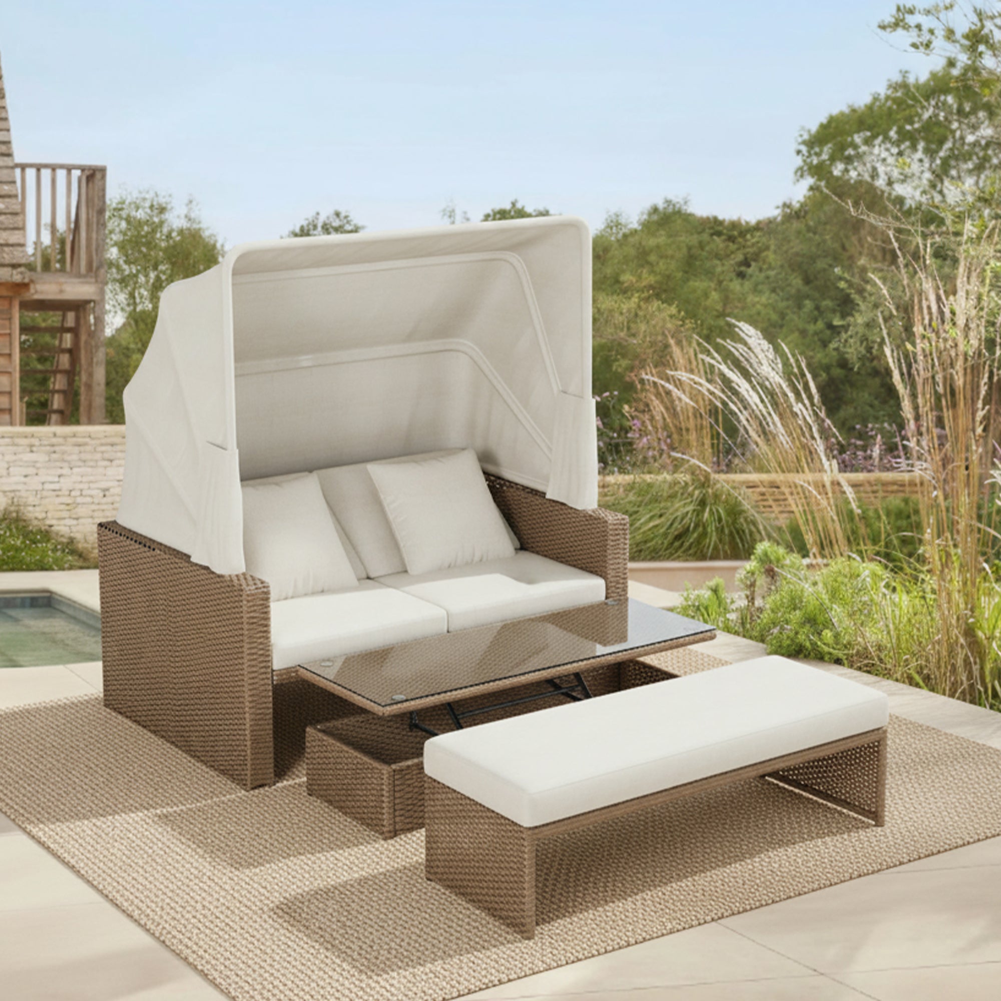 Polyrattan Garden Furniture Set with Adjustable Coffee Table and Removable Awning, Khaki PE Rattan
