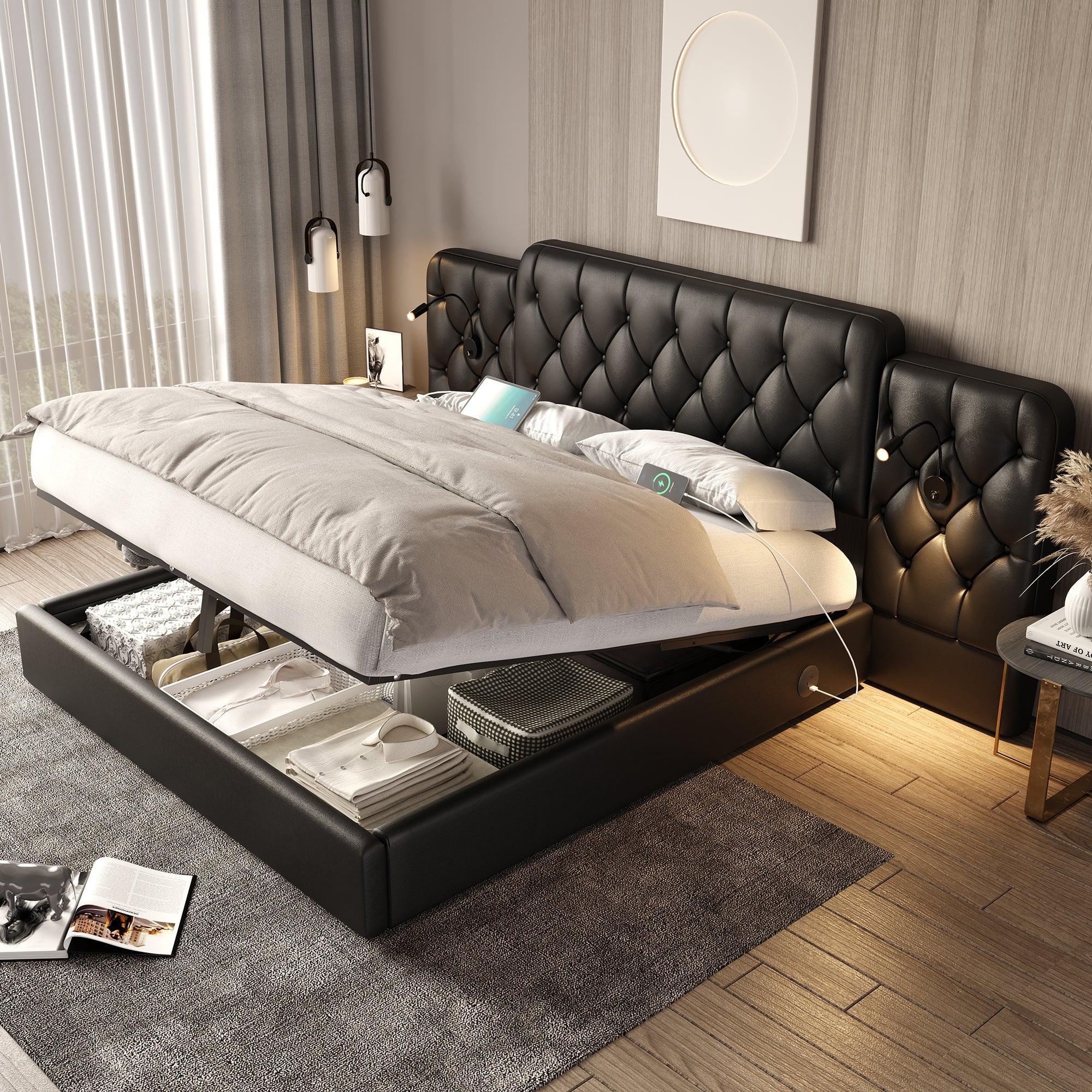 Bed Frame with Long Headboard, USB, Desk Lamp, Hydraulic Storage, 180x200cm - Black Velvet