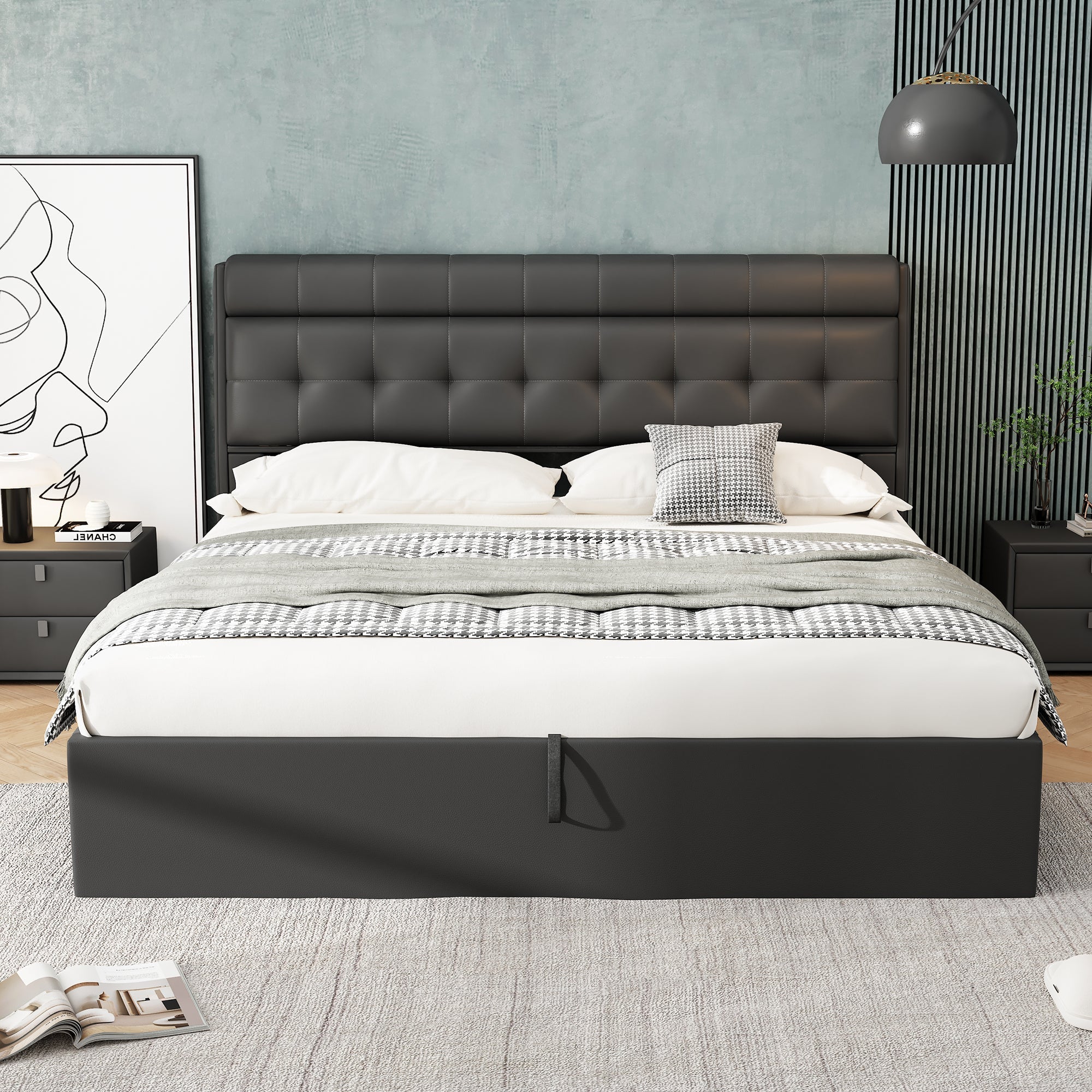 Upholstered Bed with Hydraulic Storage and Concealed Headboard Shelf, 180x200cm, Black PU