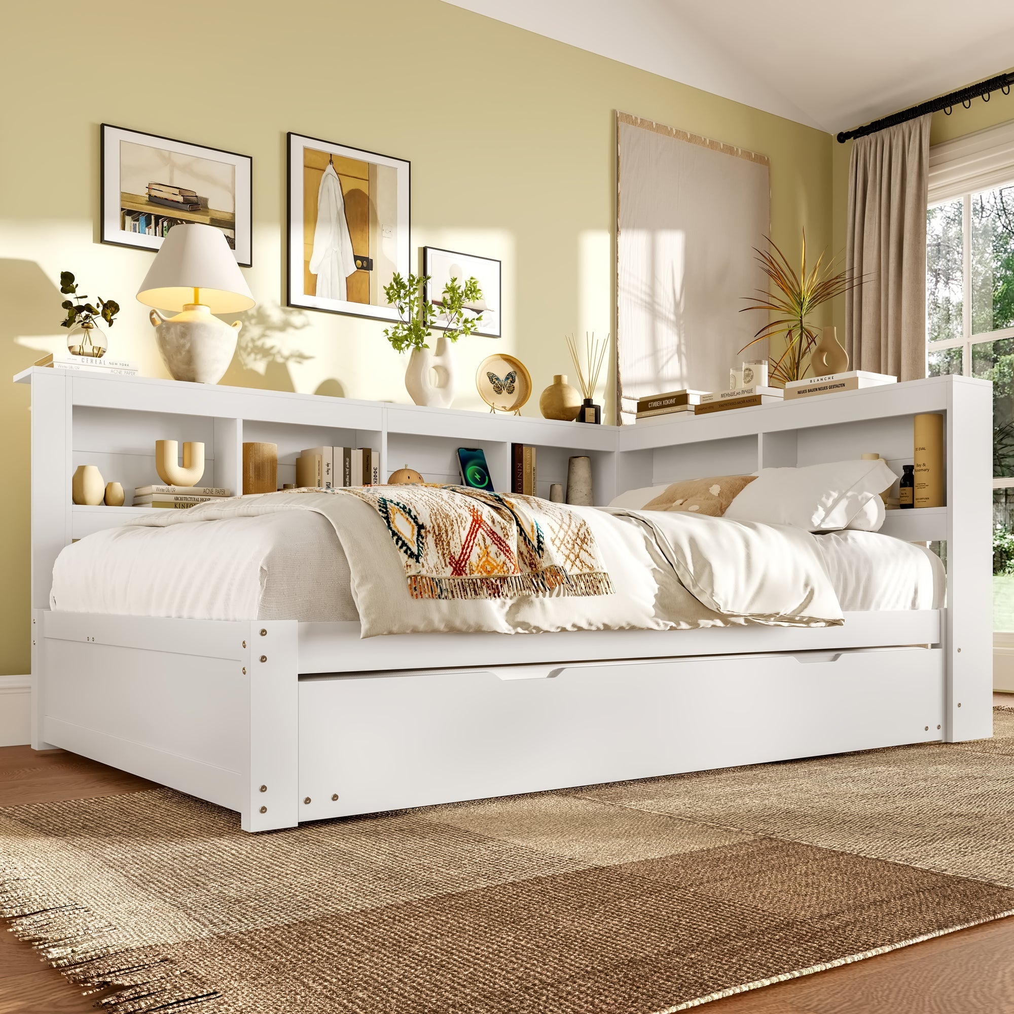 Daybed 140x200cm Pull-out Bed Power Outlet 2 USB - White Chipboard