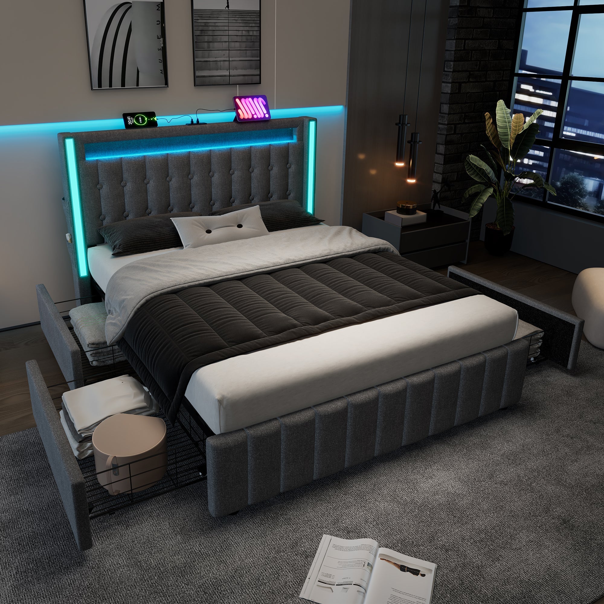 Upholstered Bed, 140x200cm Double with USB-C, LED & 4 Drawers, Gray