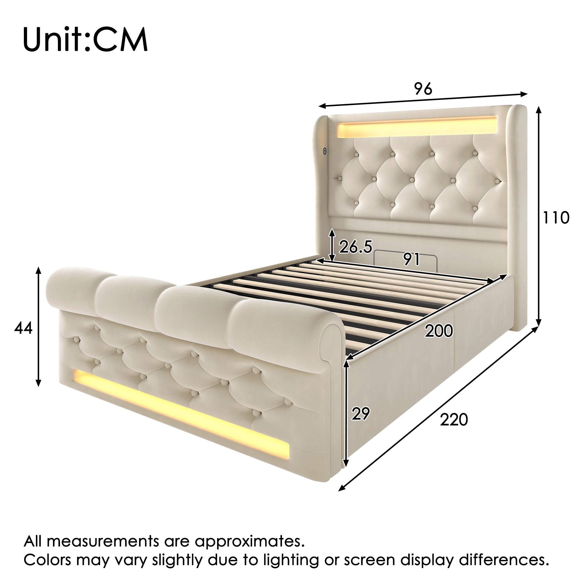 Upholstered Single Bed 90x200cm LED Headboard USB Type-C Hydraulic Storage, Beige Velvet