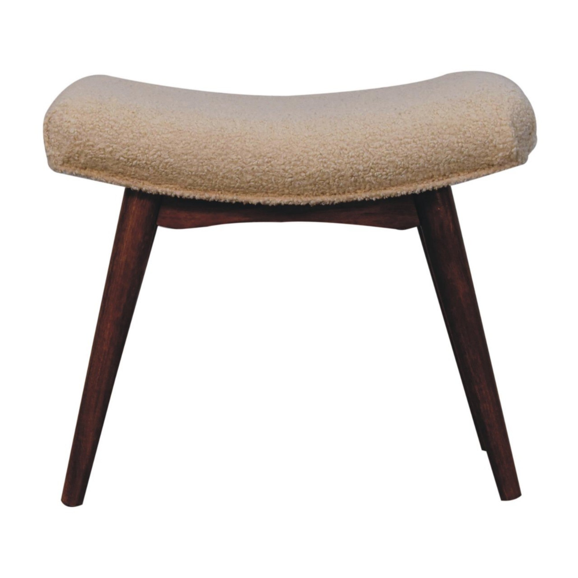 Solid Wood Curved Bench, Upholstered Honey Caramel Boucle Cream