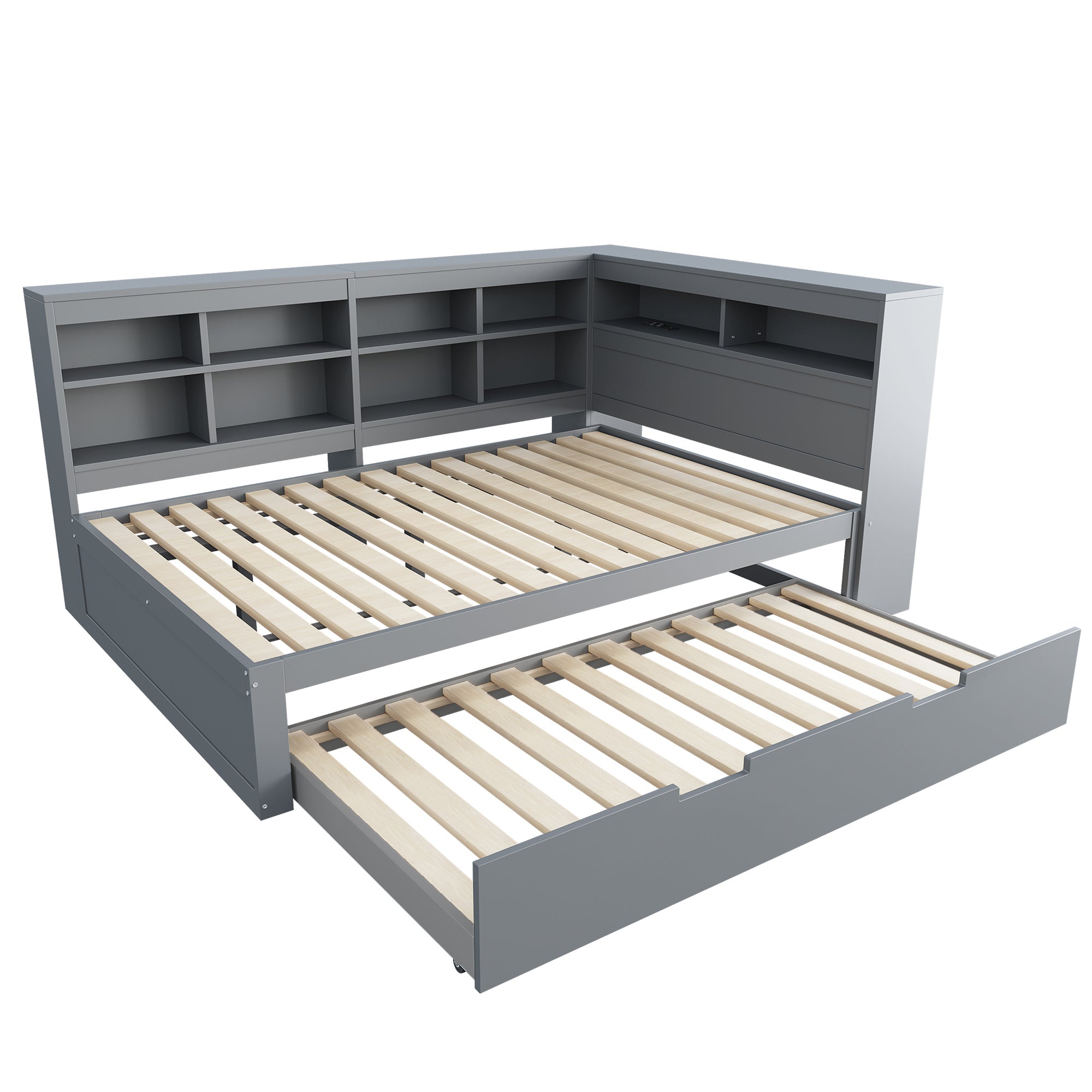 Sofa Bed 140x200 Pull-Out 90x190 with USB & Storage, Solid Wood, Gray