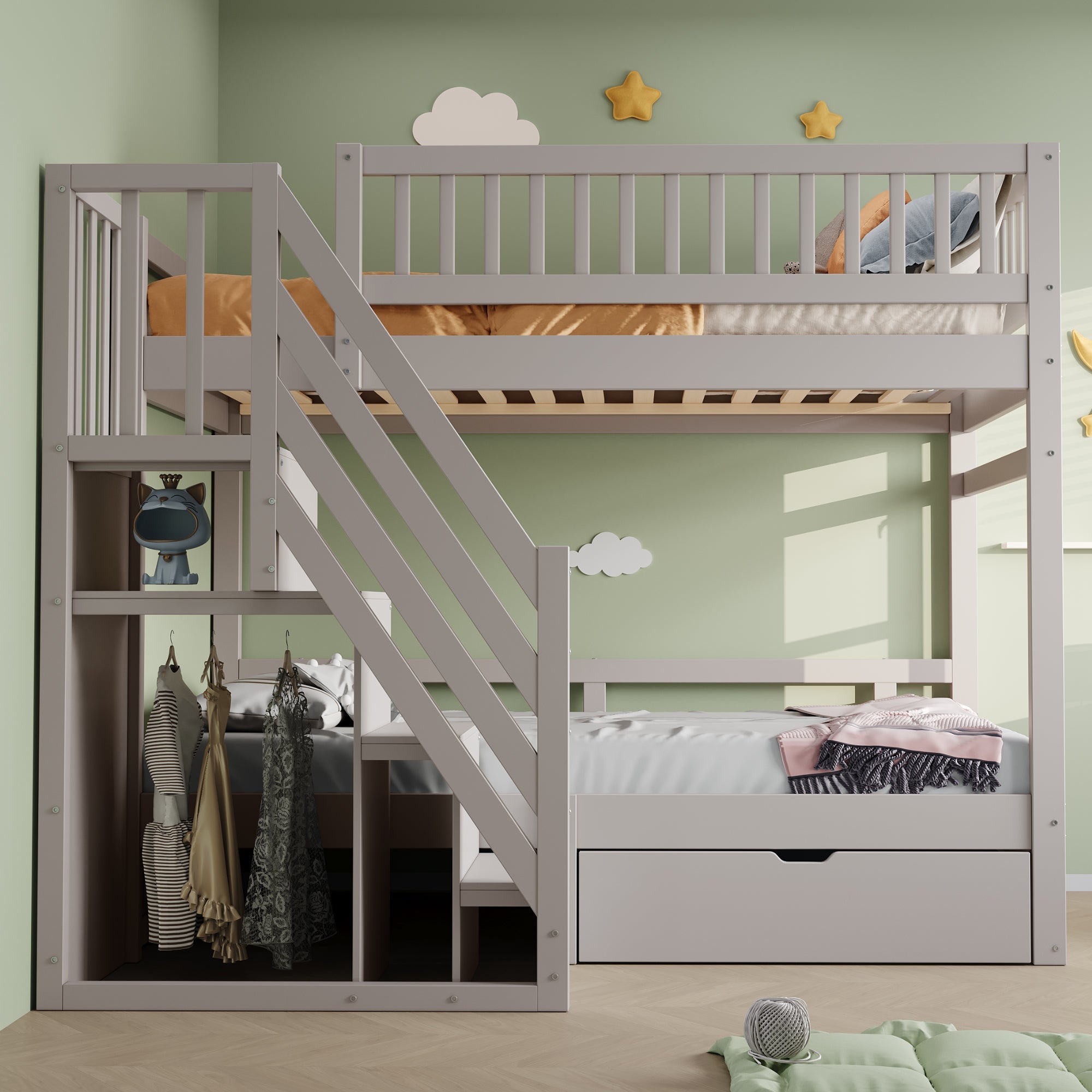 Bunk Bed, 90*200cm, High Safety Rail, Slatted Frame, Storage Ladder & Drawers, Solid Wood Grey