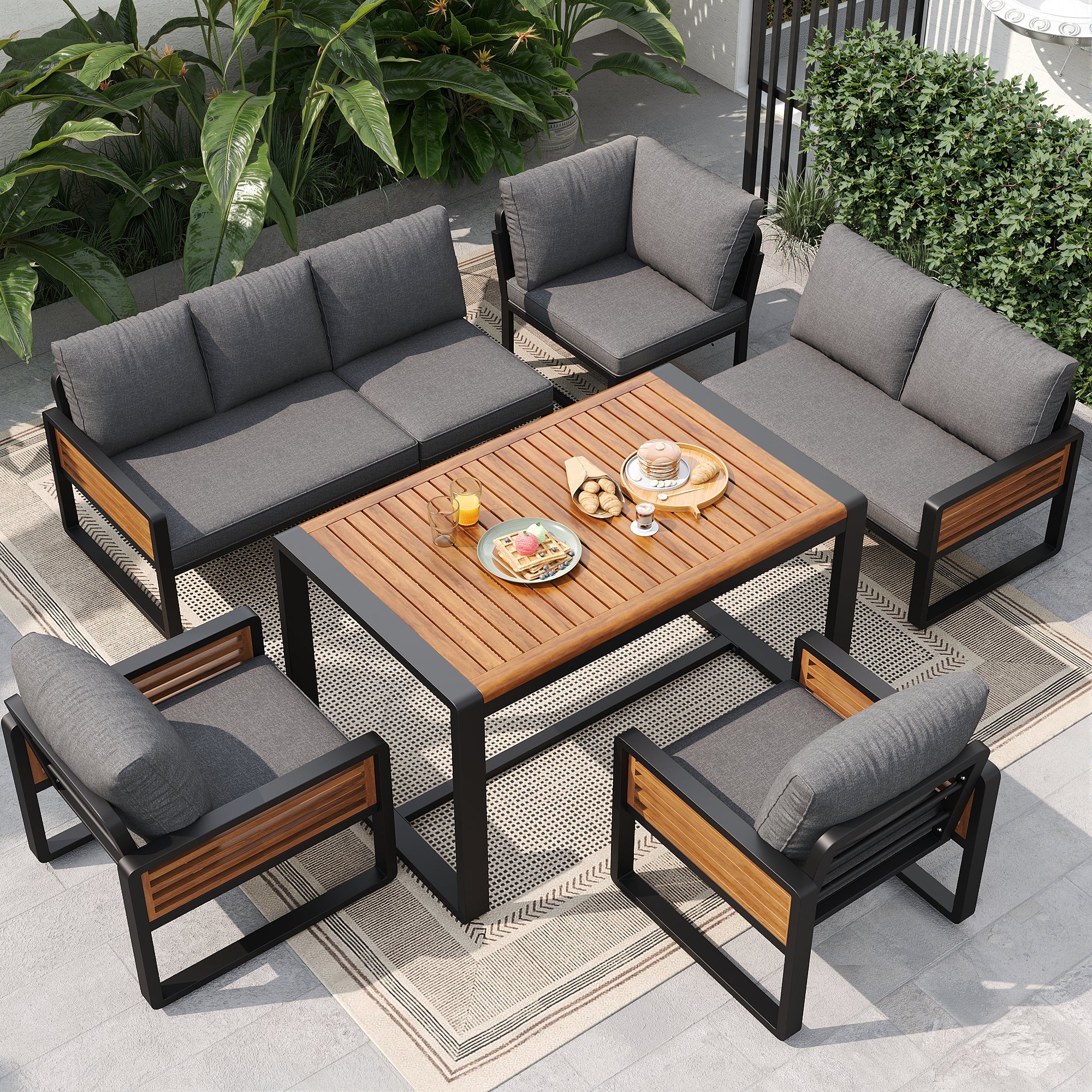Garden Lounge Set for 8 People with Solid Wood Dining Table and Cushions, Grey