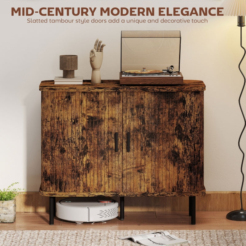 Sideboard Storage Cabinet with Slatted Tambour Doors, Steel Legs, Rustic Brown