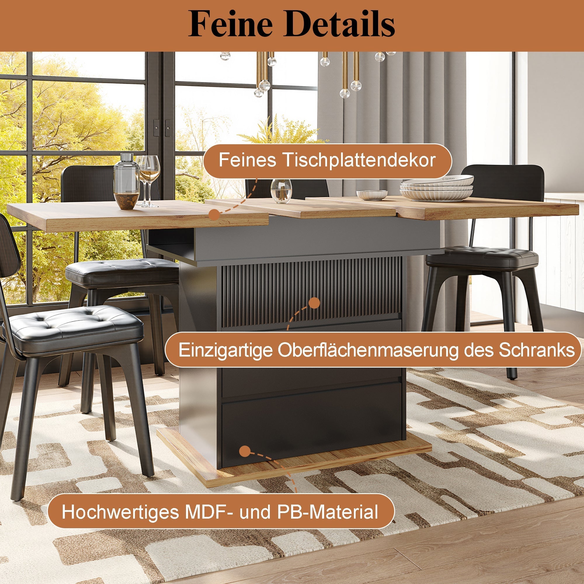 Telescopic Dining Table, Extendable with Storage Shelves for 4-6 People, Black