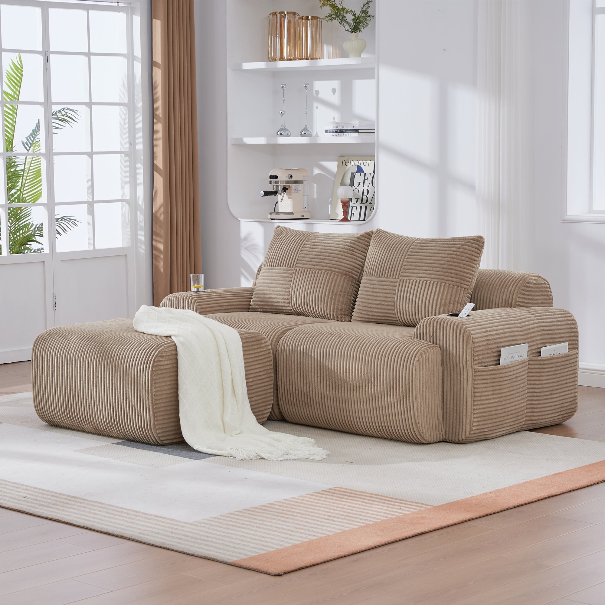 Modular Corduroy Sofa with Ottomans, Cup Holder and Side Pocket, Khaki