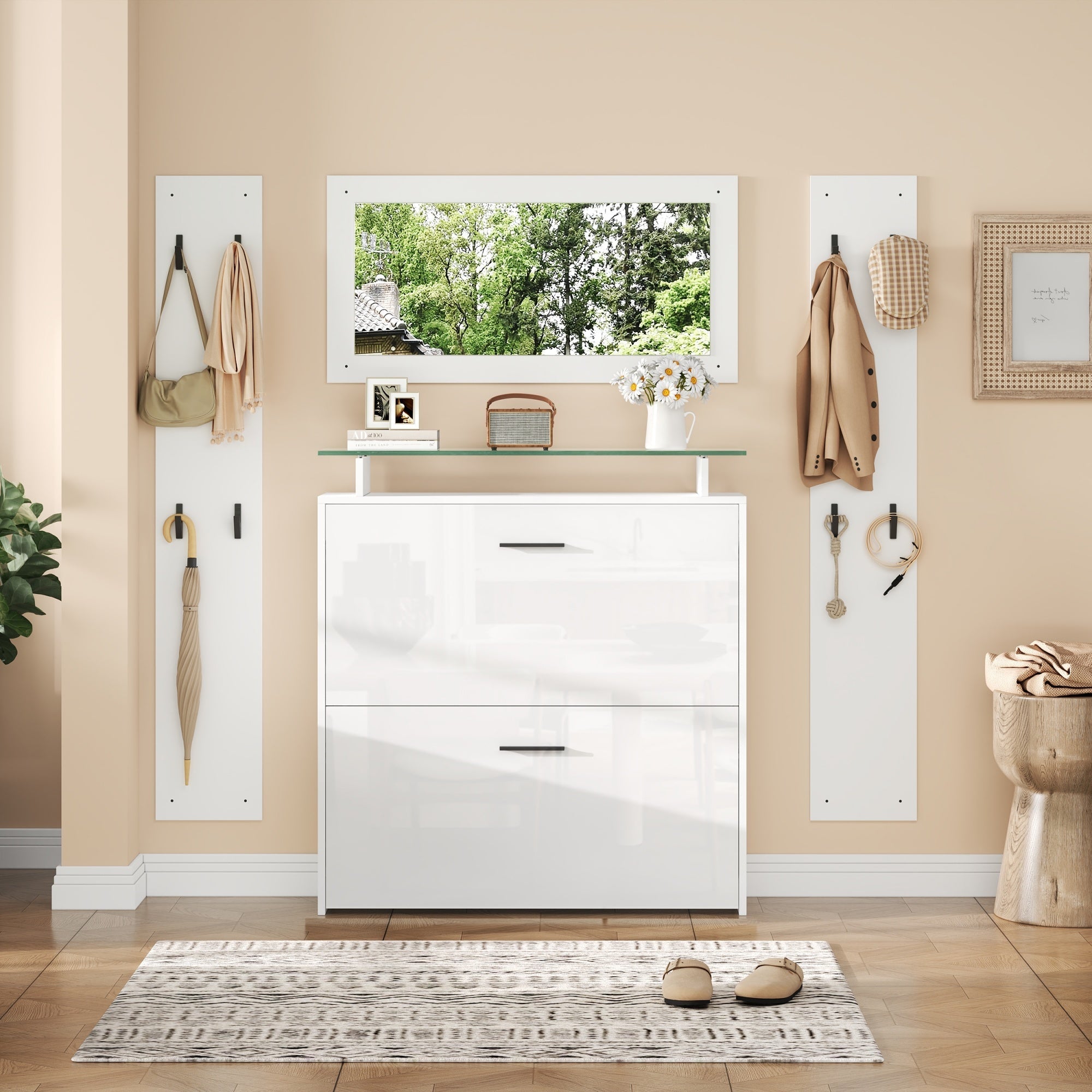 Wardrobe Set 4-Piece with Mirror Shoe Cabinet 8 Hooks, High-Gloss White