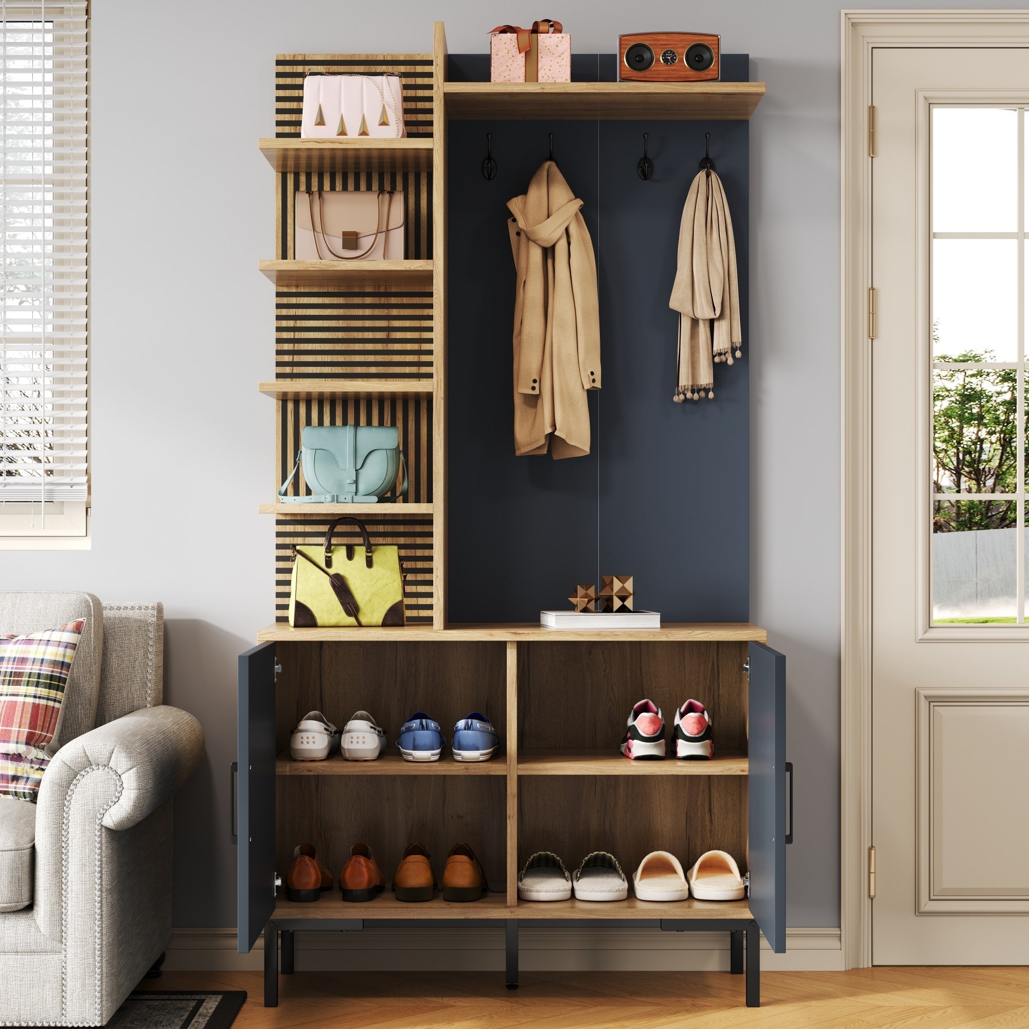 Wardrobe Set with Shoe Compartment, Shelves, Adjustable Dividers, Hooks - Wood and Black