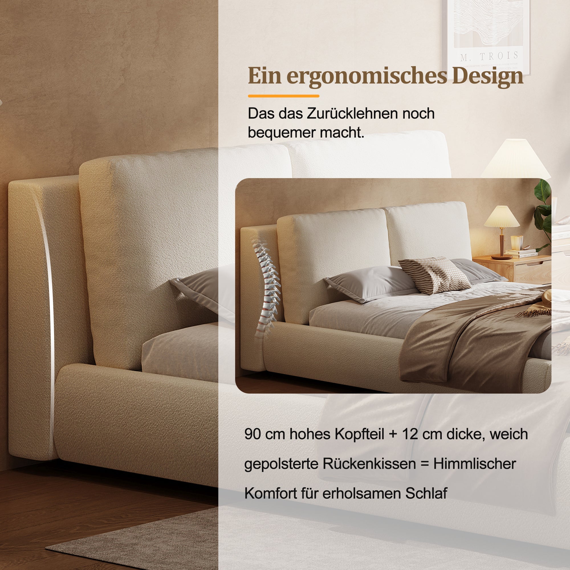 Upholstered Bed, Double 180x200cm, Hydraulic, Storage, Slatted Base, Beige Bouclé