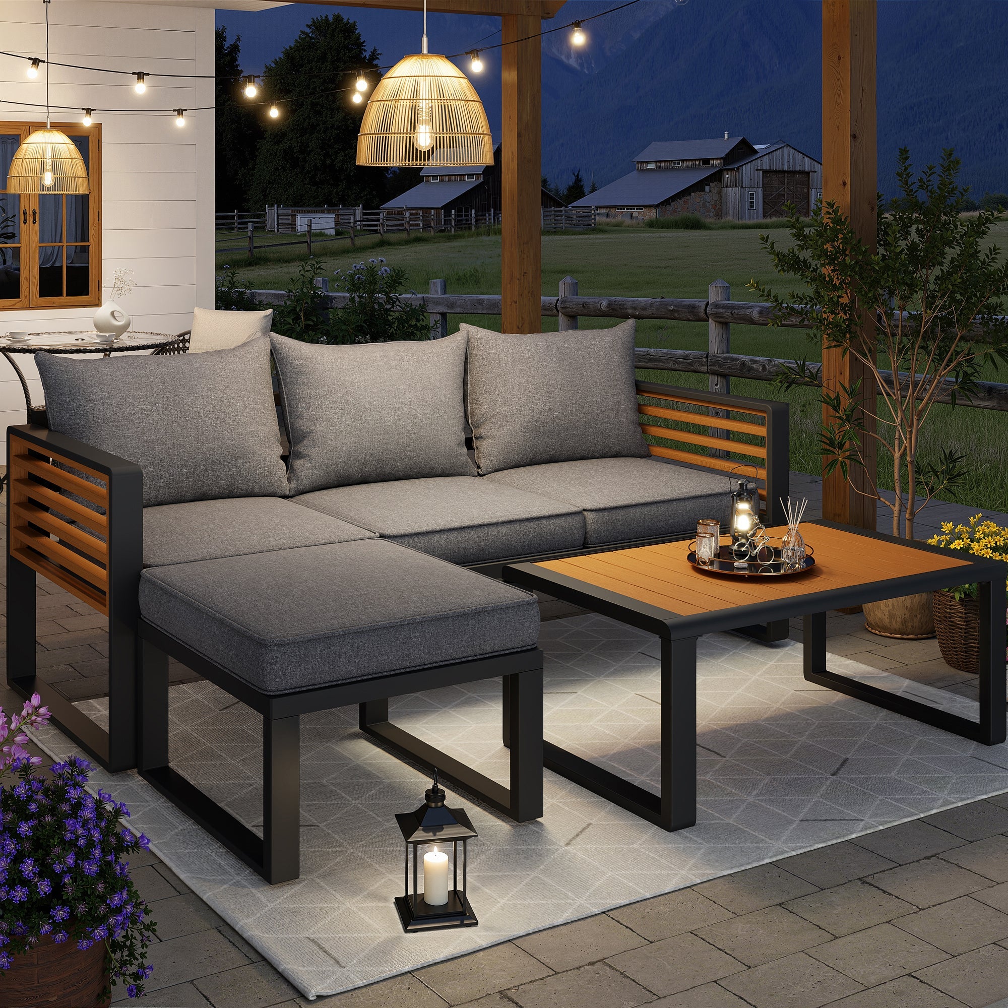 Garden Lounge Set 3-4 Seater Modern Outdoor Sofa - Galvanized Iron Frame