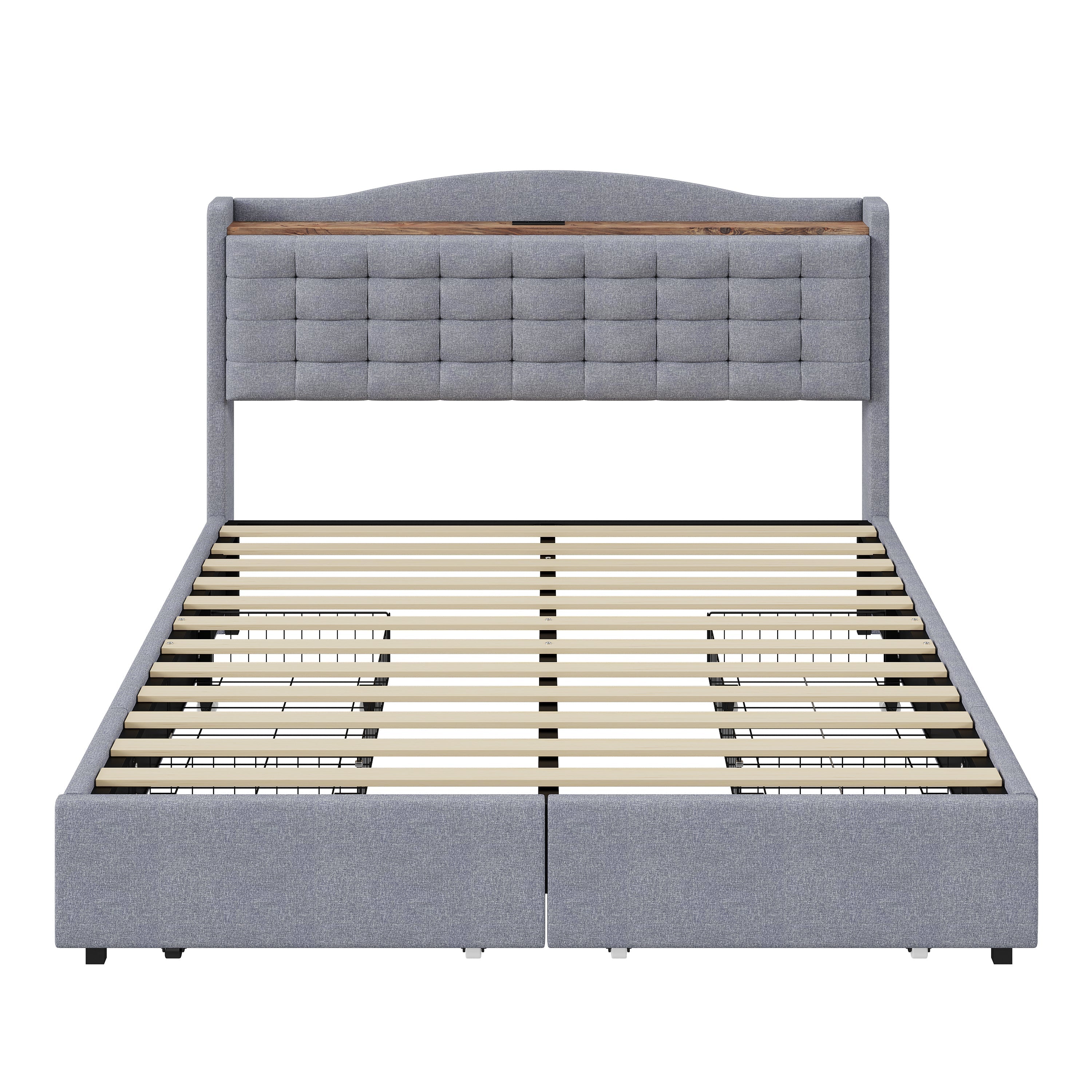 Upholstered Bed 140x200cm with USB & Storage, 4-Drawer, Linen Fabric Gray