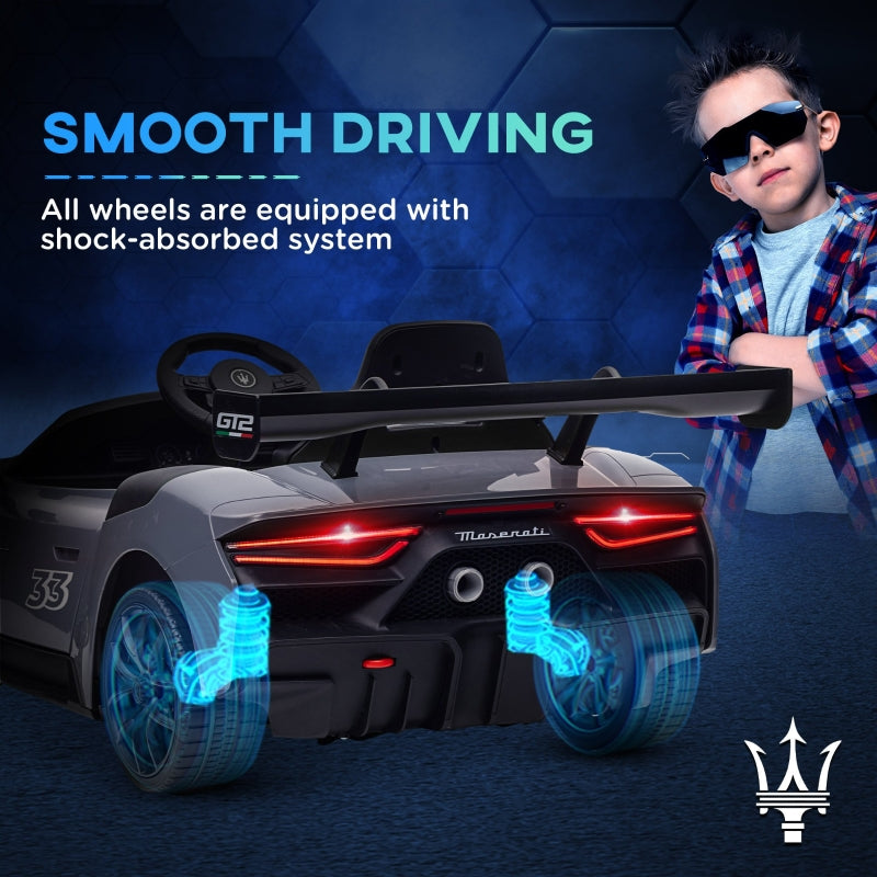 Maserati GT2 Licensed 12V Electric Ride On Car with Suspension Wheels, Remote Control, Music, Horn, Lights, Grey