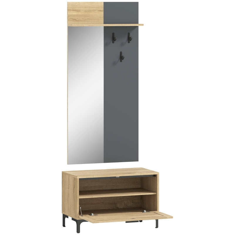 Hallway Set Shoe Bench Mirror 3 Hooks Open Shelf - Natural Wood/Grey