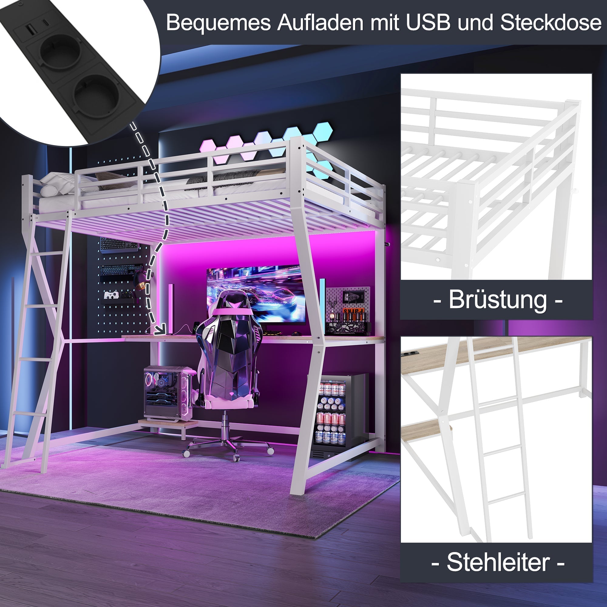 Loft Bed 140x200cm with LED Lights Desk USB/Power Outlet Stairs Storage Shelf White