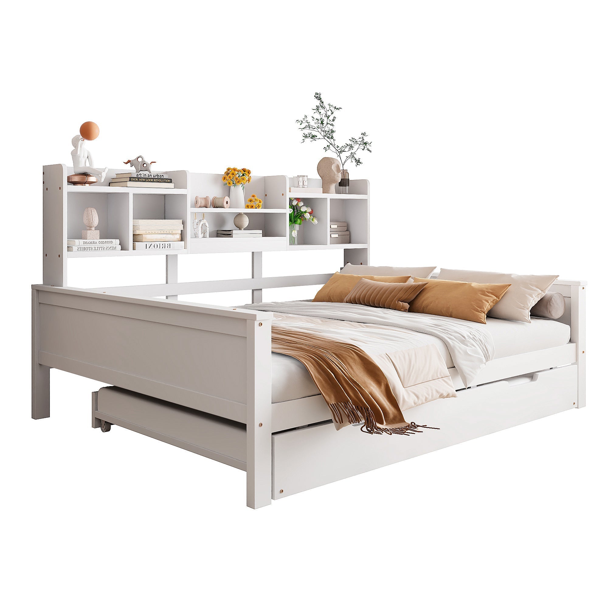 Sofa Bed, Pull-Out 140x200CM, Storage & Slatted Frame, Pine Wood White