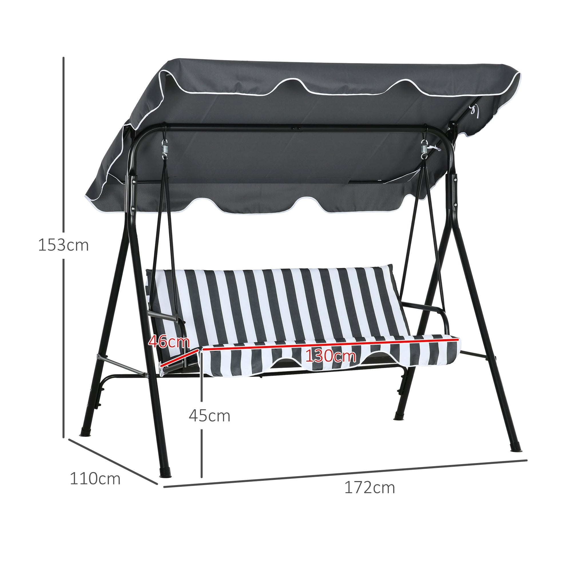 Outsuuny 3-Seater Garden Swing with Adjustable Sunshade, 240 kg Load Capacity, Grey/White