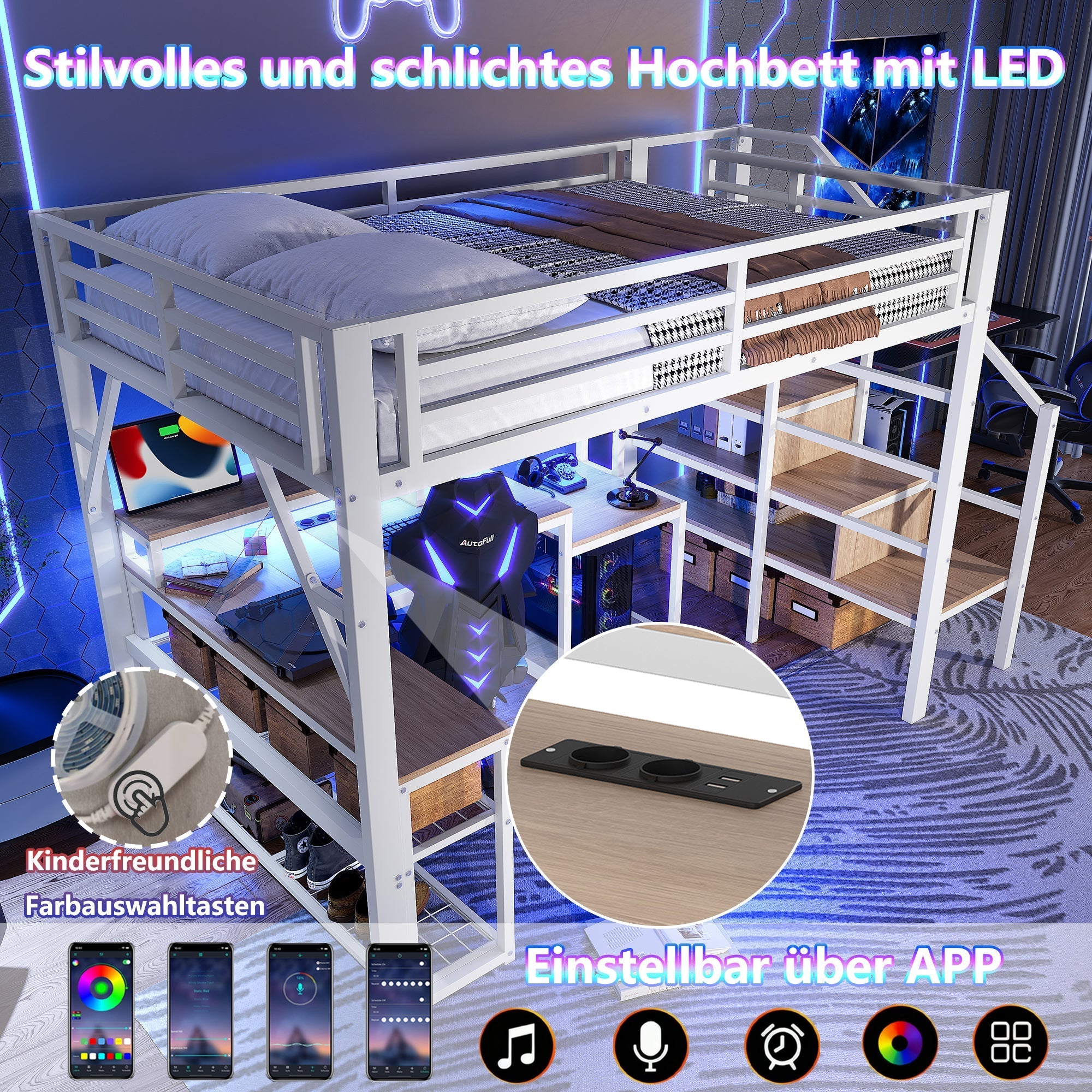 Loft Bed with Desk, LED Lighting and Storage Staircase, 140 x 200 cm, White